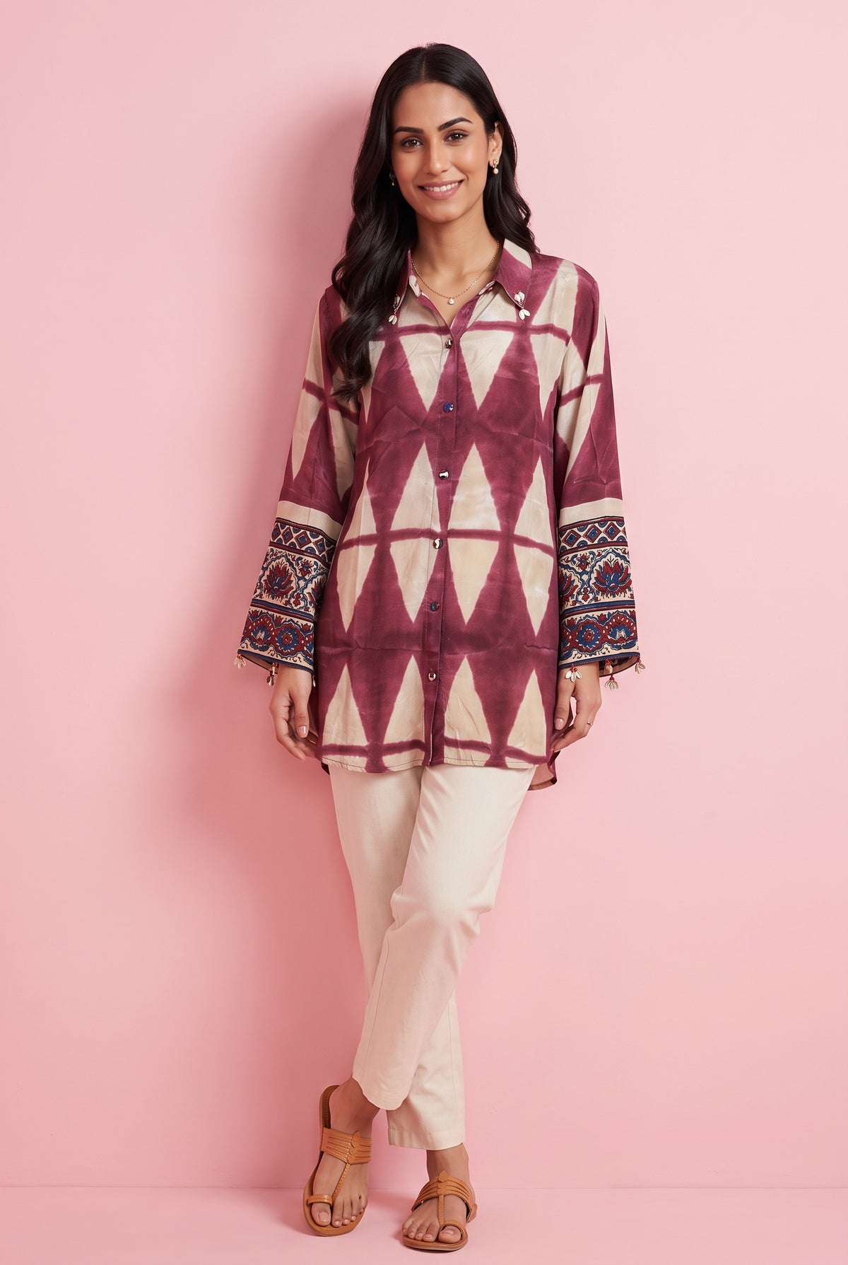 Rose and Ivory Geometric Print Shirt with Ajrakh Print Sleeves