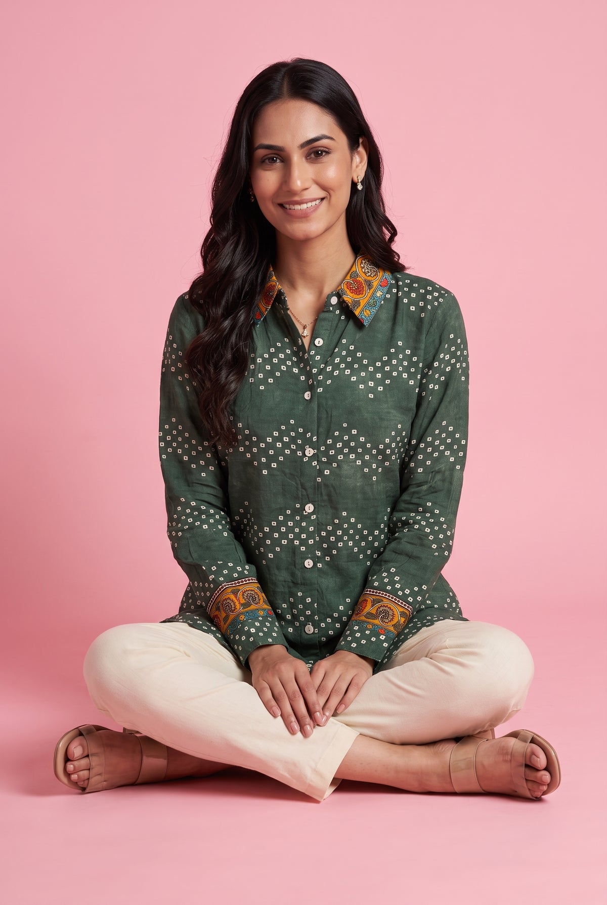 Bottle Green Bandhej Print Shirt with Mustard Floral Printed Collar and Cuffs