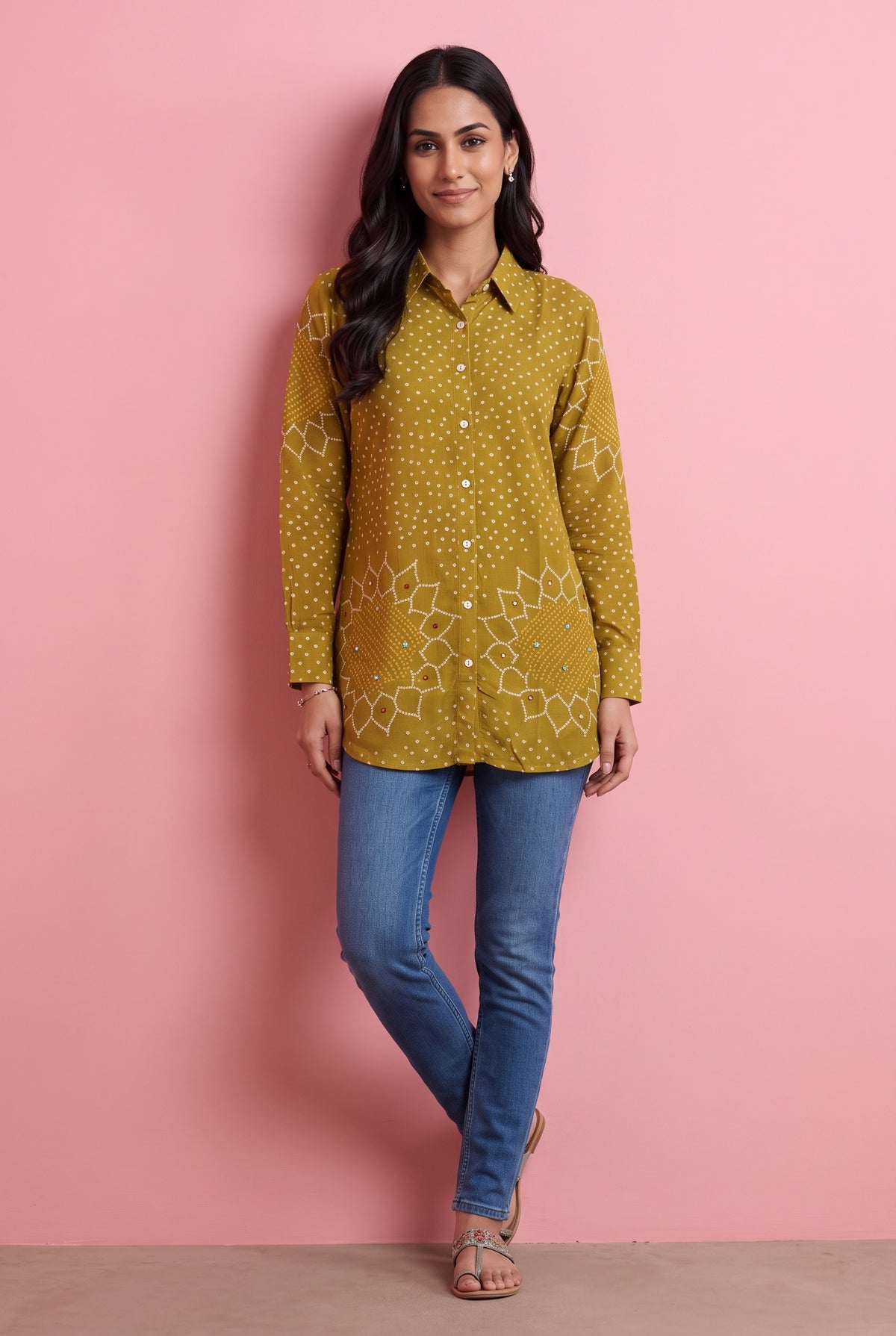 Olive Green Bandhej Print Shirt with Mirrorwork