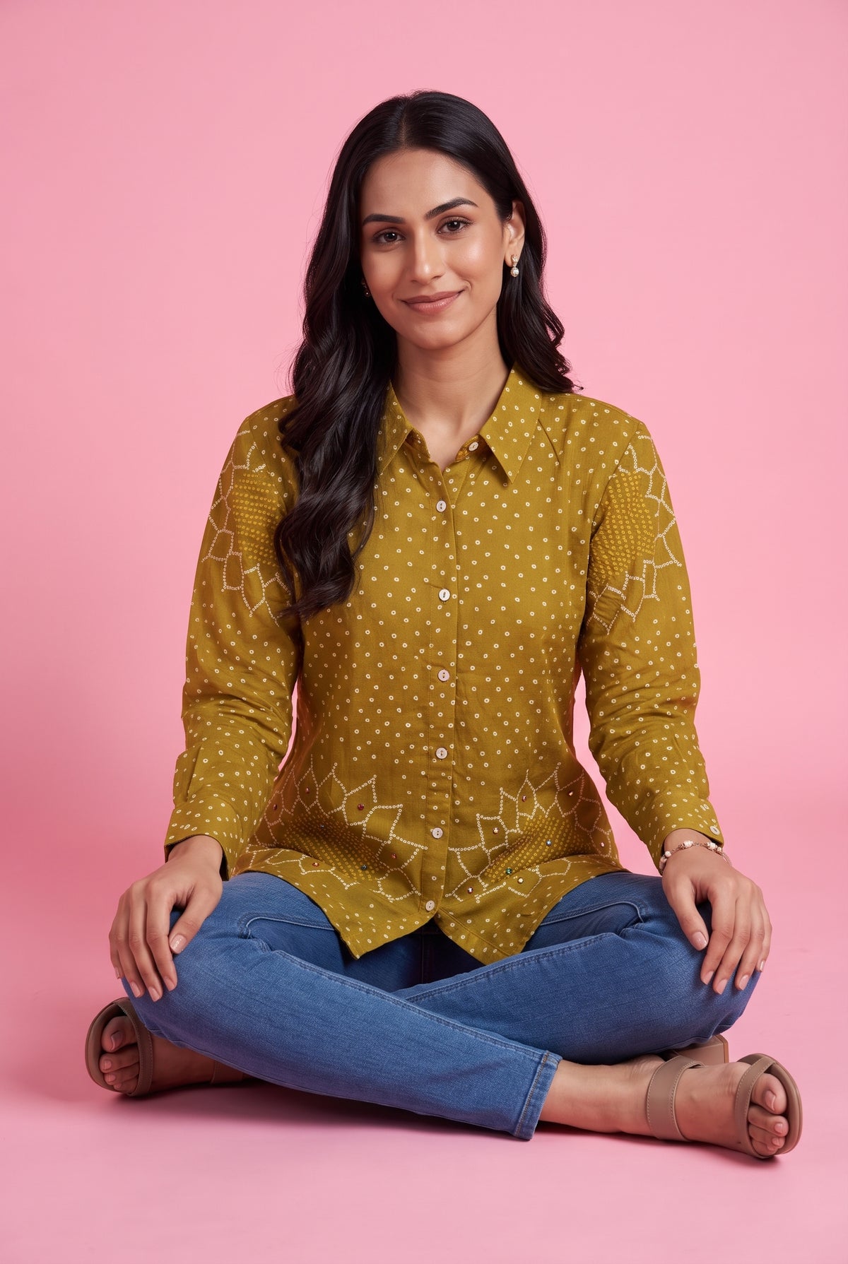Olive Green Bandhej Print Shirt with Mirrorwork