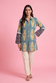 Aqua Blue Geometric Print Shirt with Ajrakh Print Sleeves