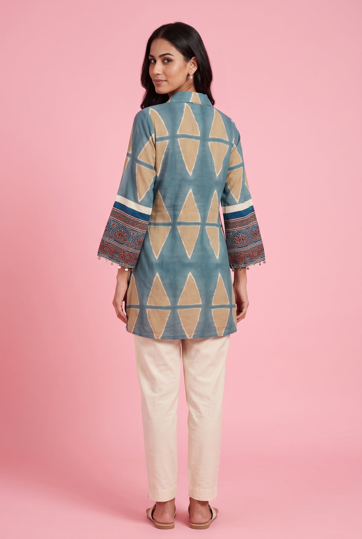 Aqua Blue Geometric Print Shirt with Ajrakh Print Sleeves