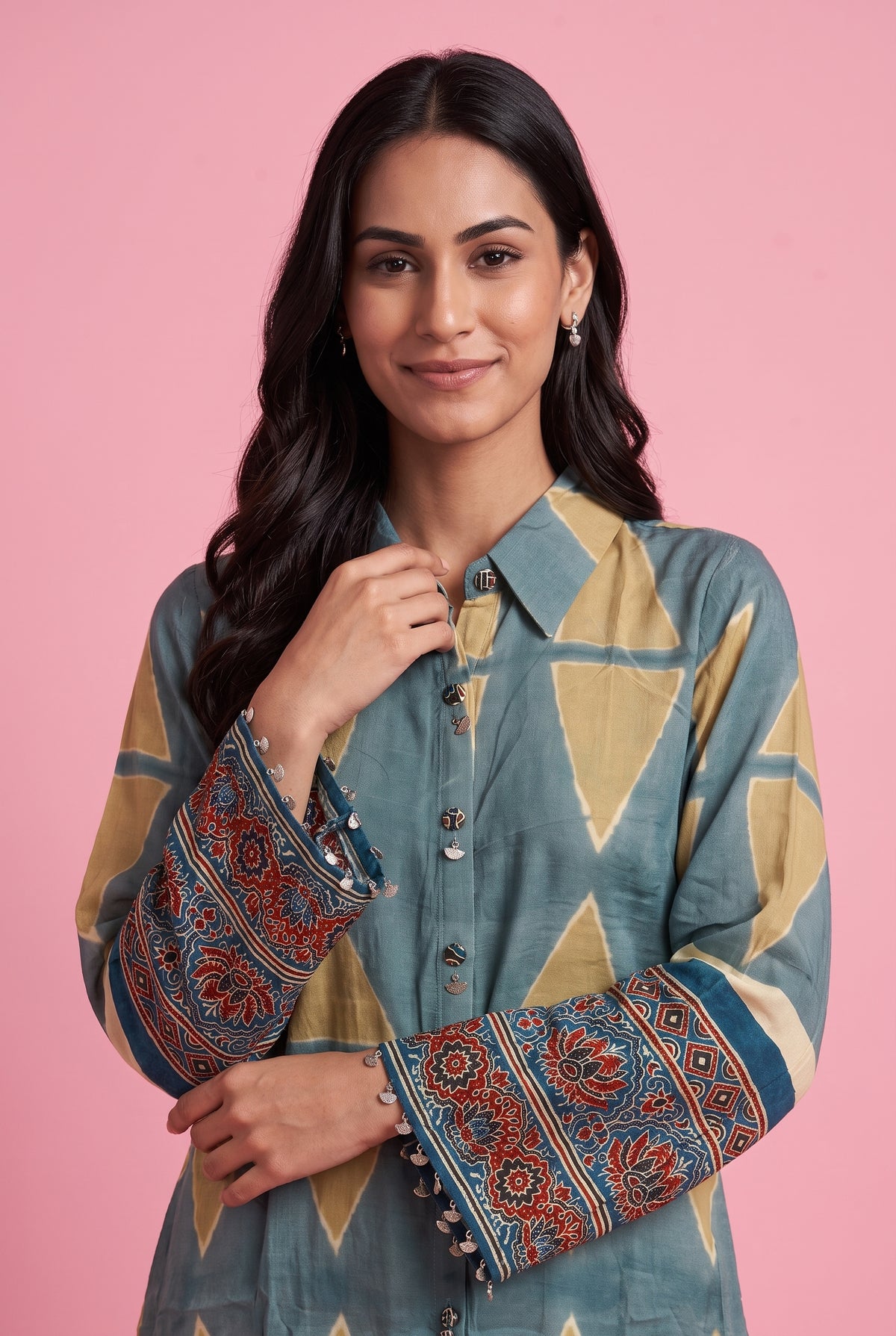 Aqua Blue Geometric Print Shirt with Ajrakh Print Sleeves