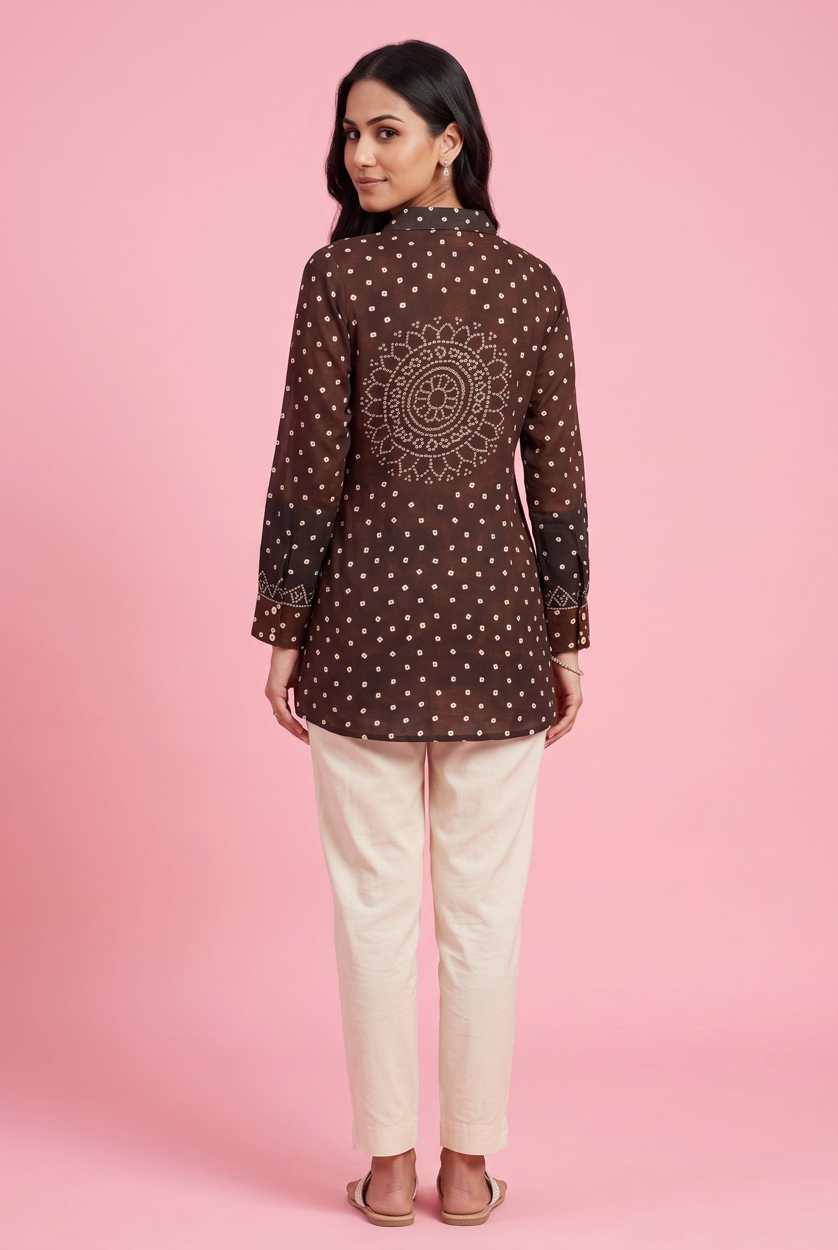 Chocolate Brown Bandhej Print Shirt with Embroidered collar