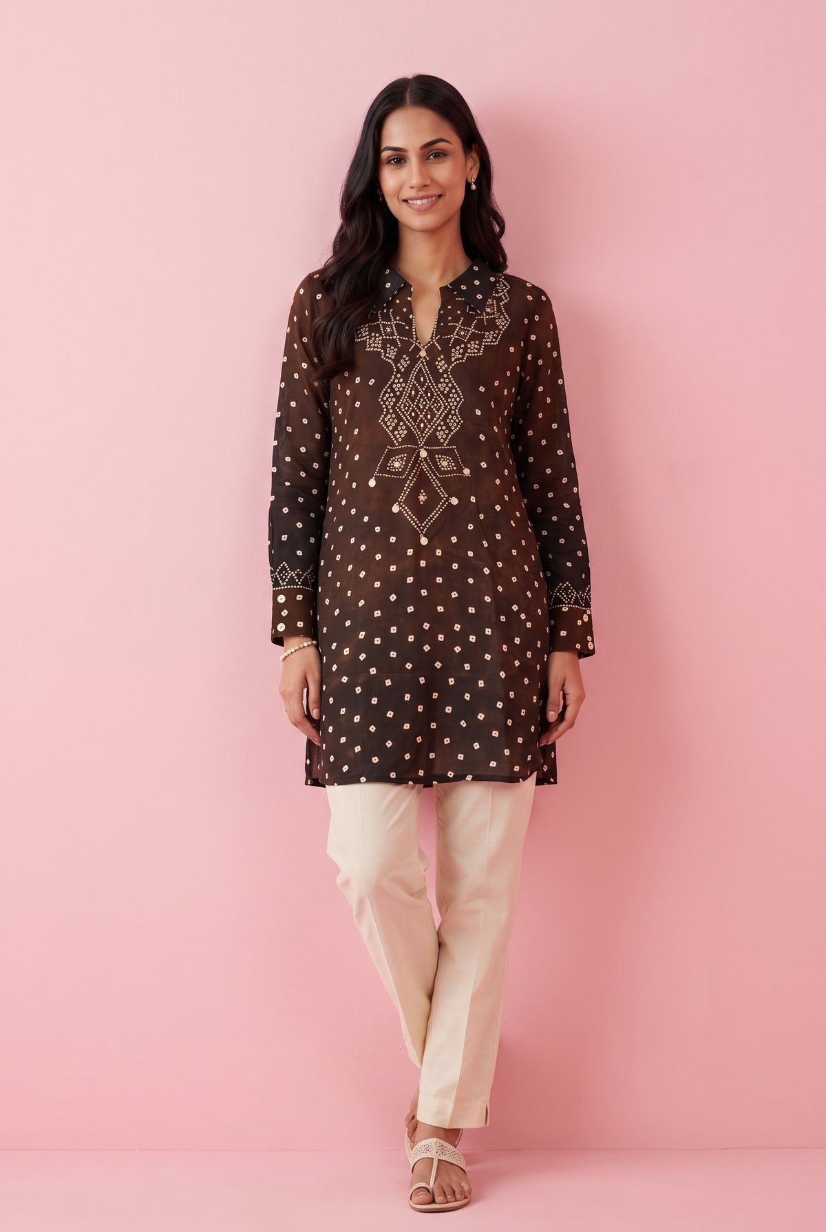 Chocolate Brown Bandhej Print Shirt with Embroidered collar