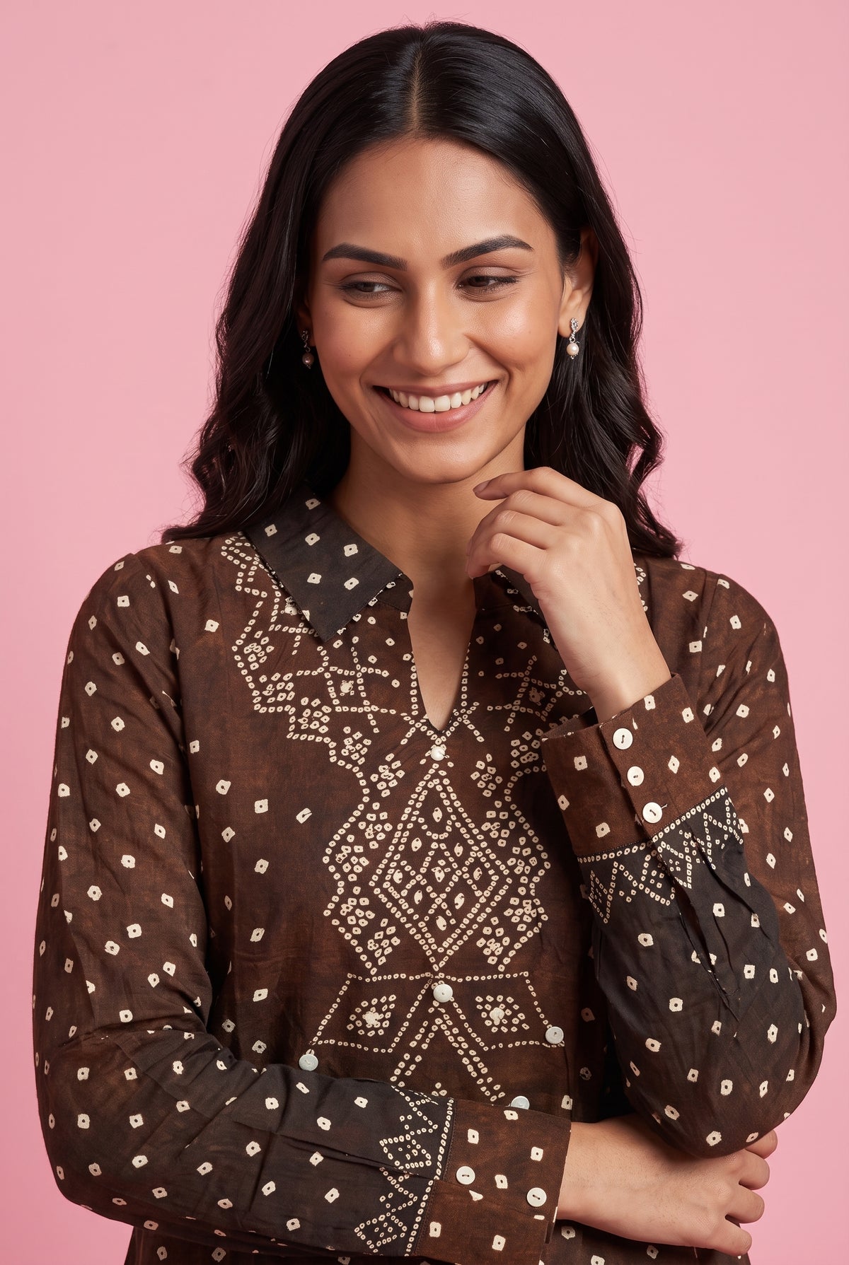 Chocolate Brown Bandhej Print Shirt with Embroidered collar