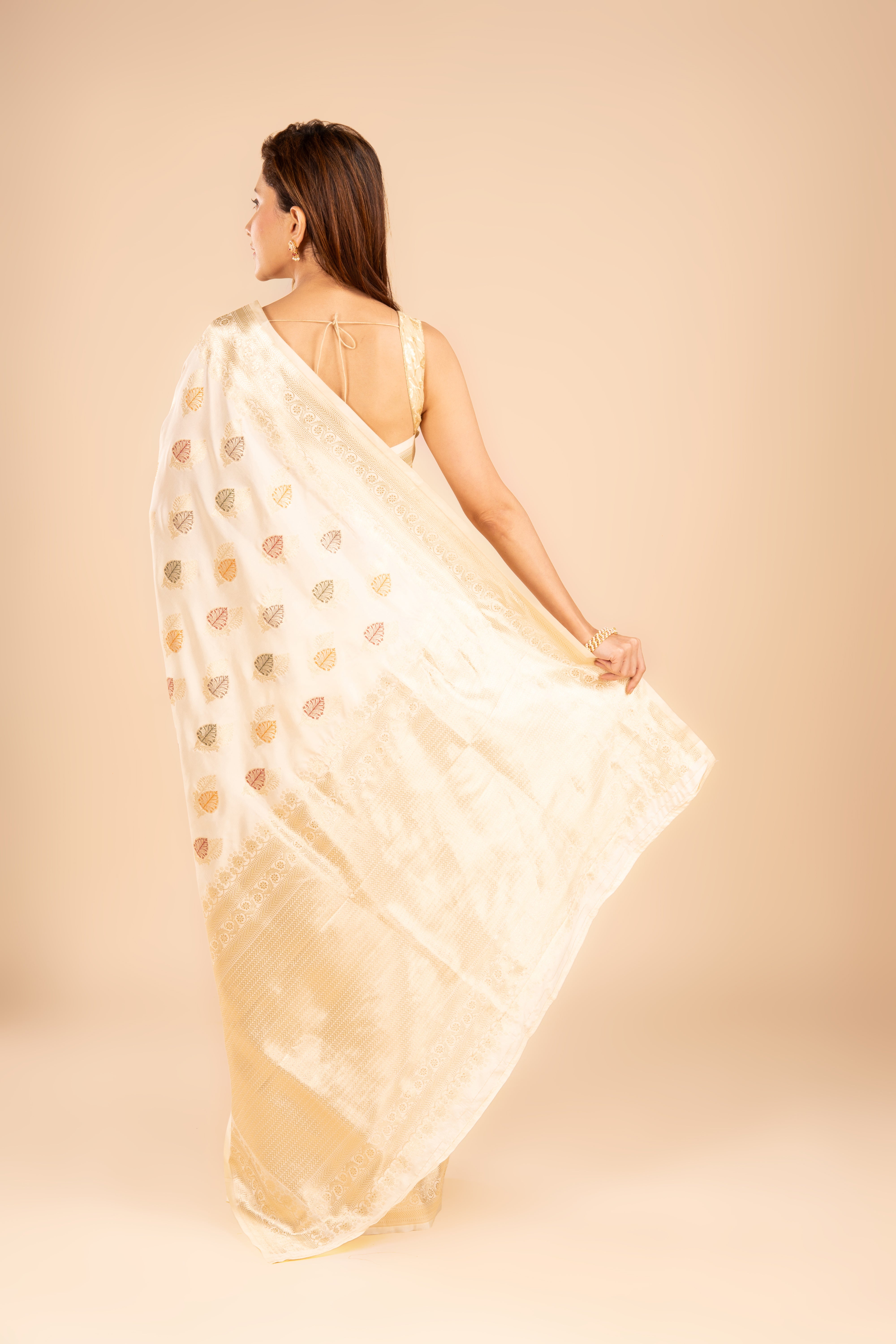 Cream Katan Silk Banarasi Saree