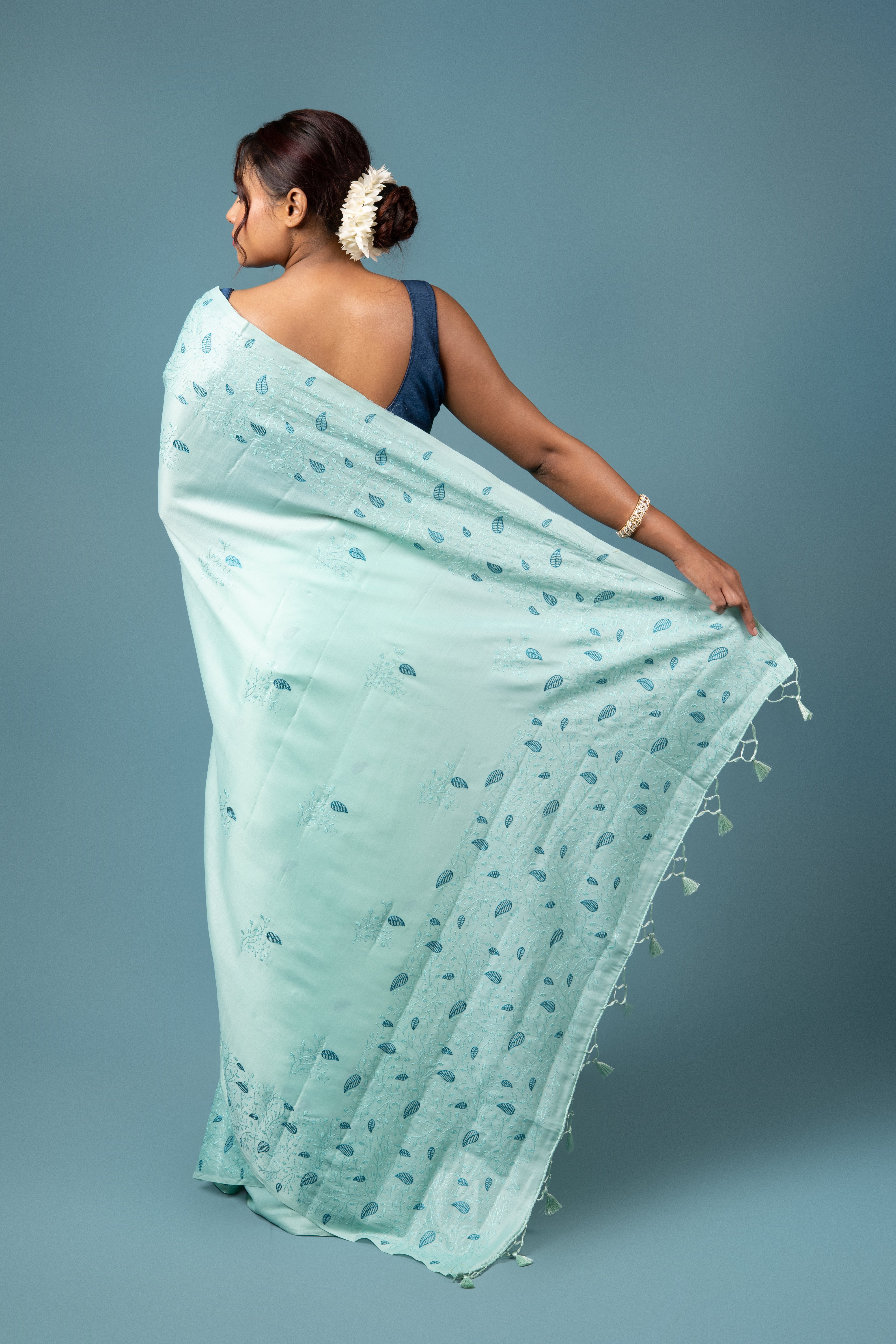 Sea Green Tussar Silk Saree