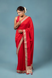 Red Jute Silk Saree With Stonework
