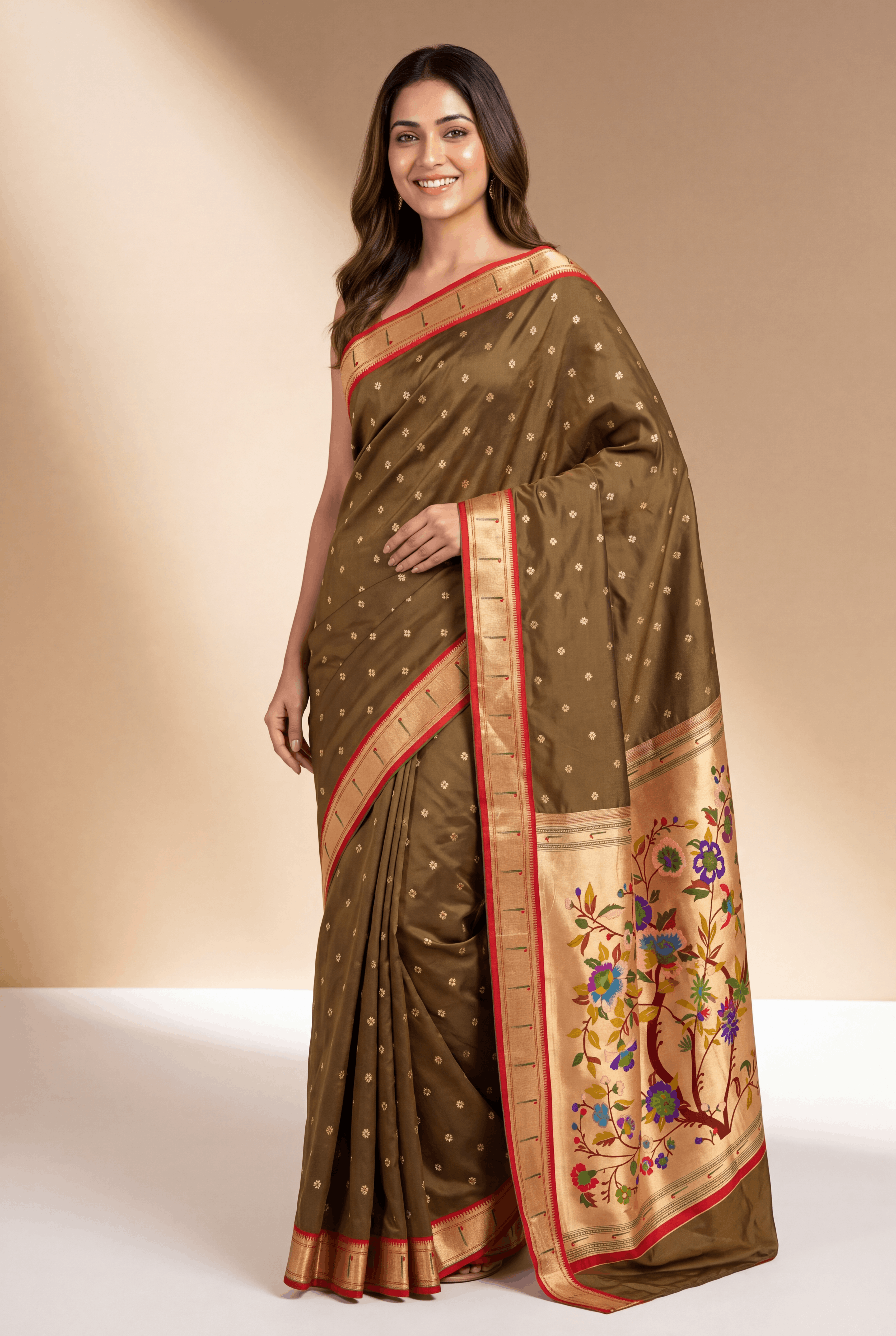 Mehndi Katan Silk Pathani with Munya border