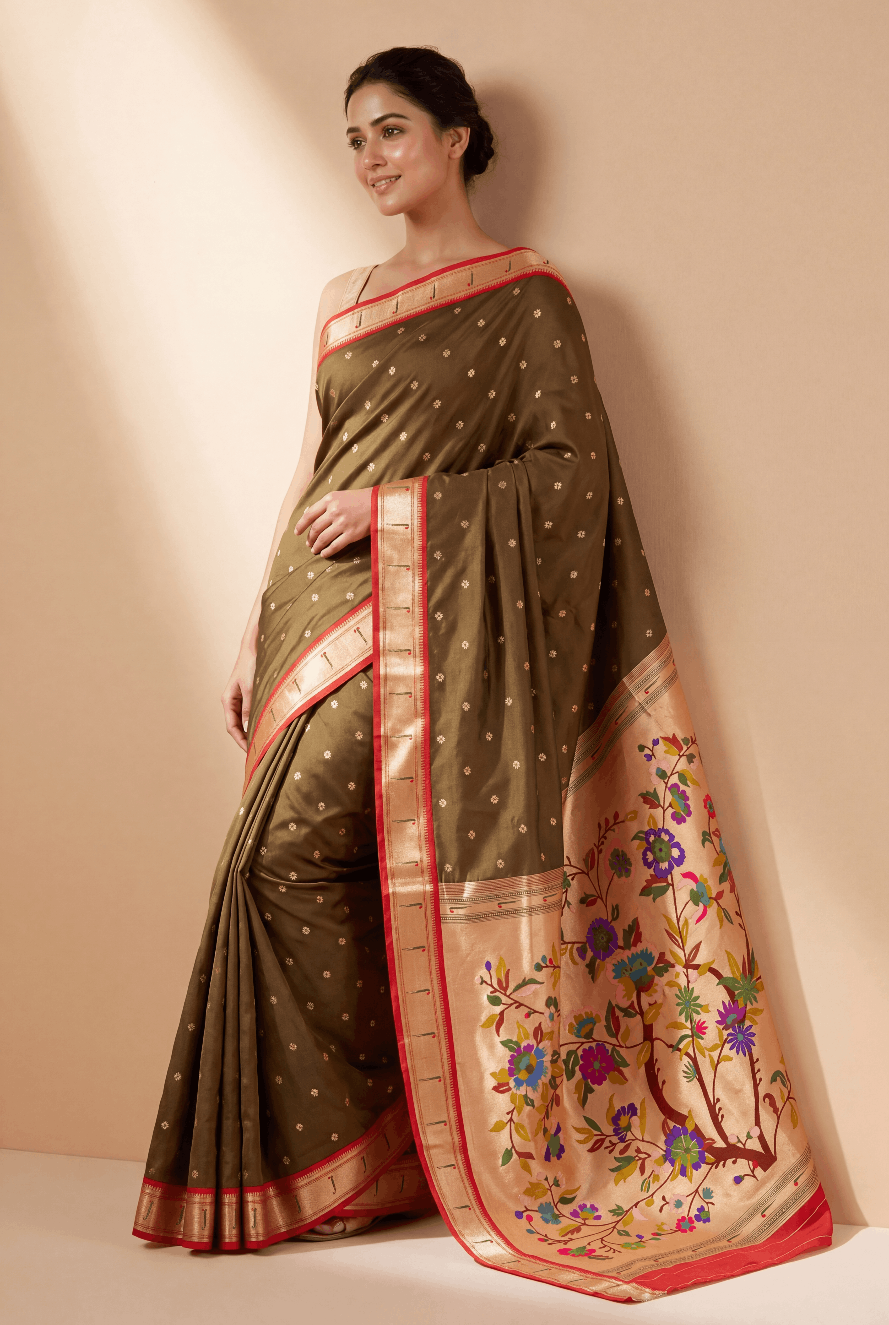 Mehndi Katan Silk Pathani with Munya border