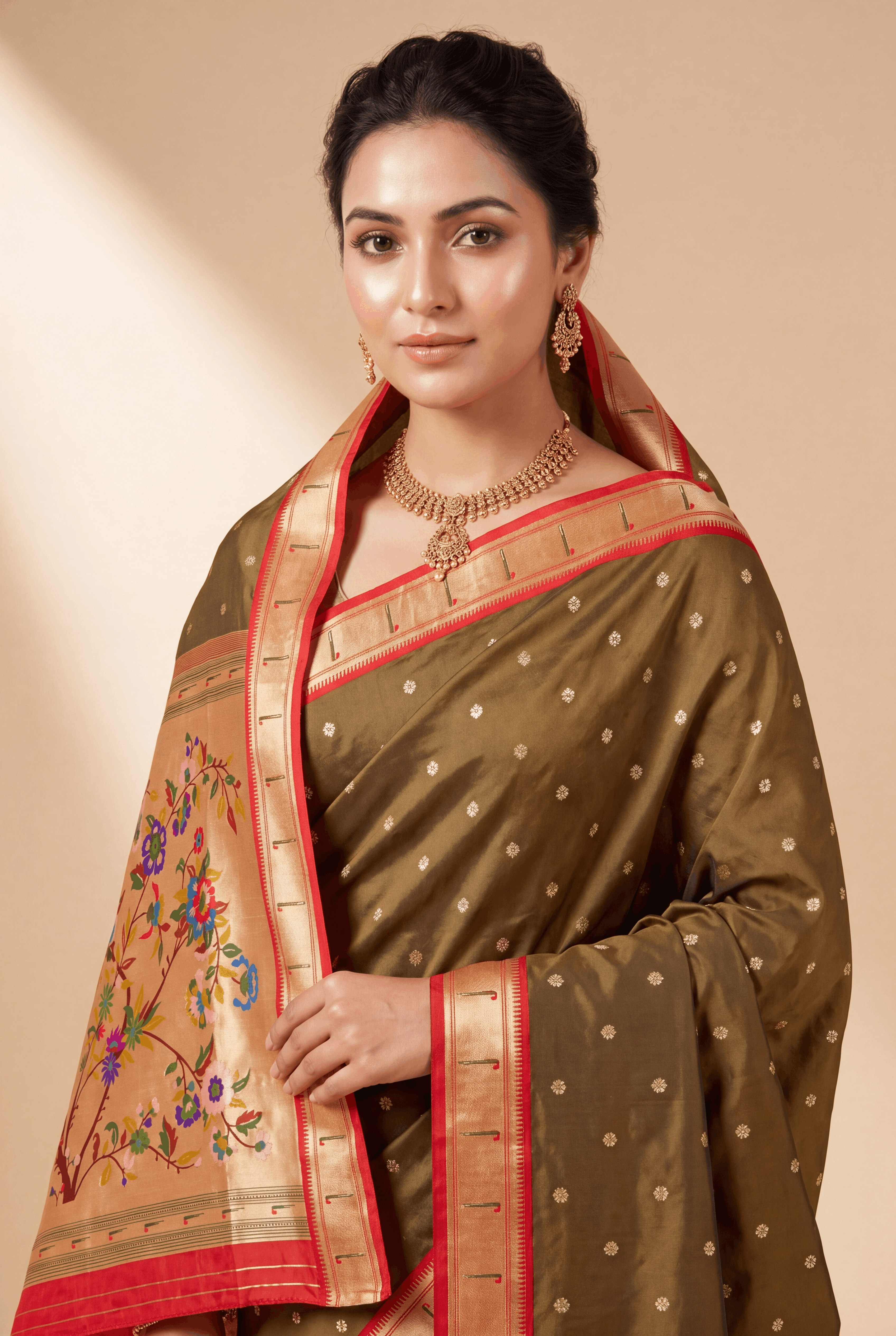 Mehndi Katan Silk Pathani with Munya border