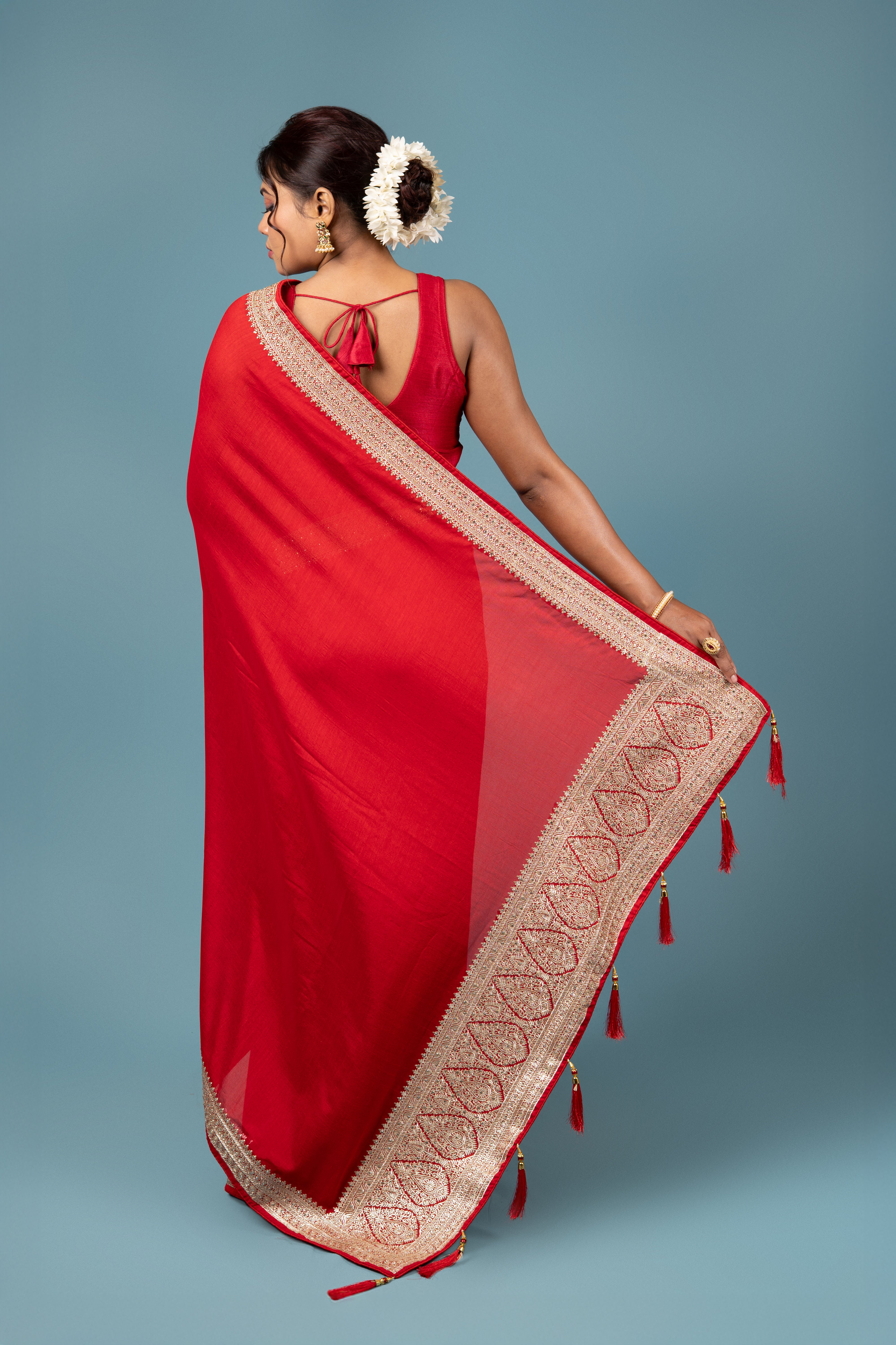 Red Jute Silk Saree With Stonework