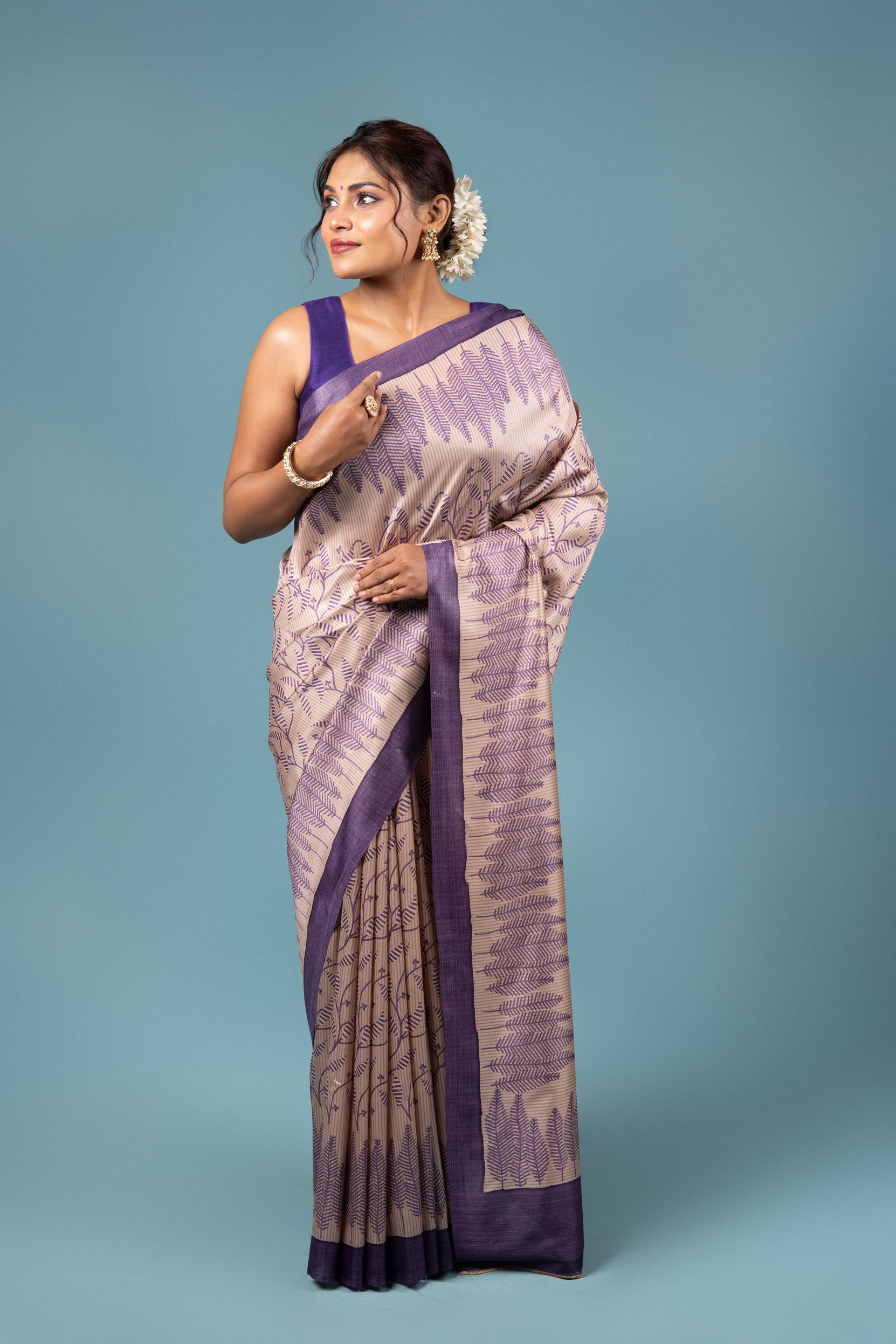 Beige And Purple Crepe Silk Saree