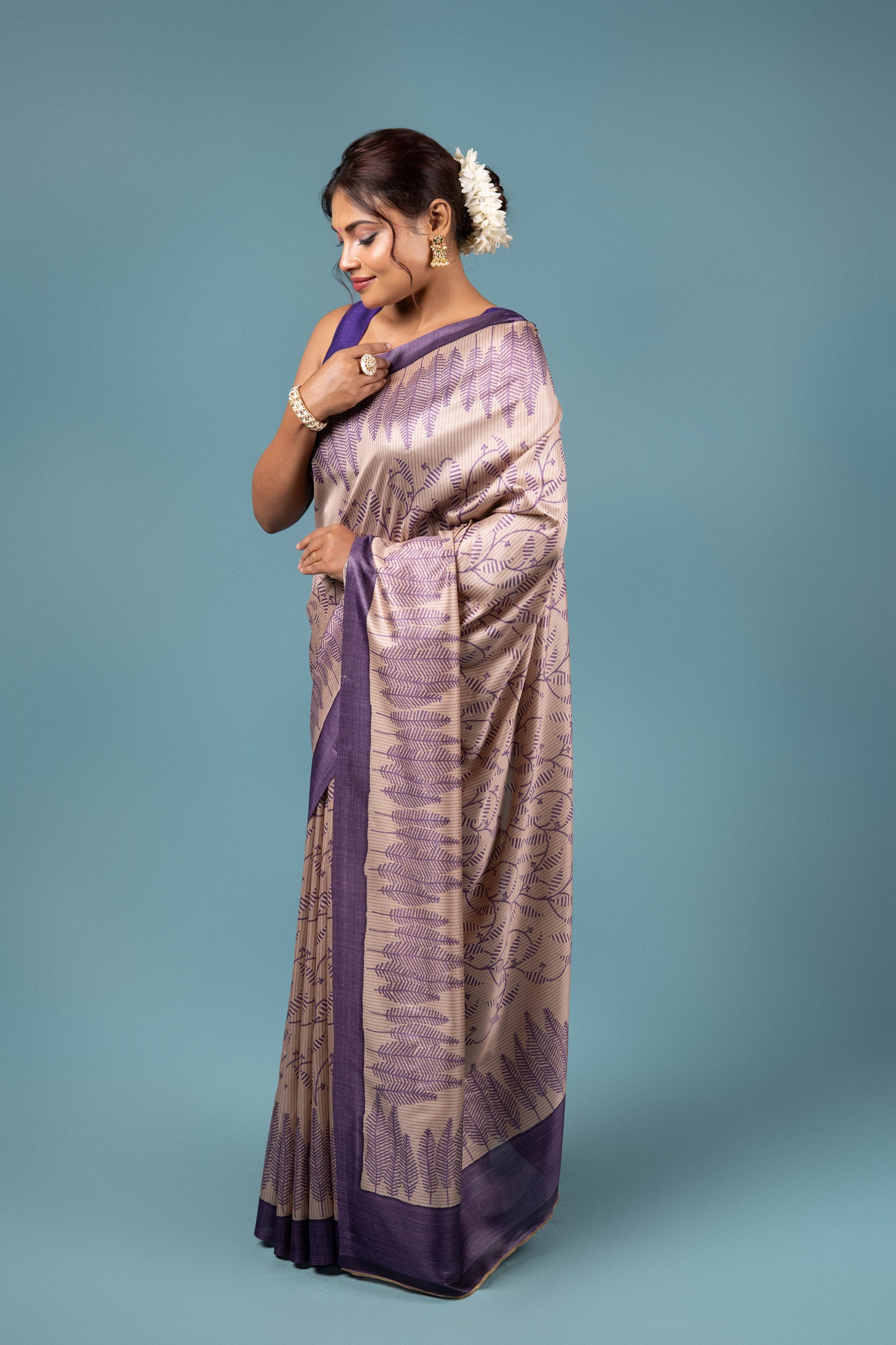 Beige And Purple Crepe Silk Saree