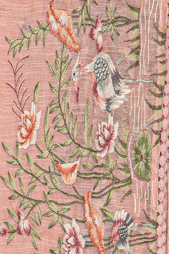 Pink Cotton Saree with Floral Threadwork