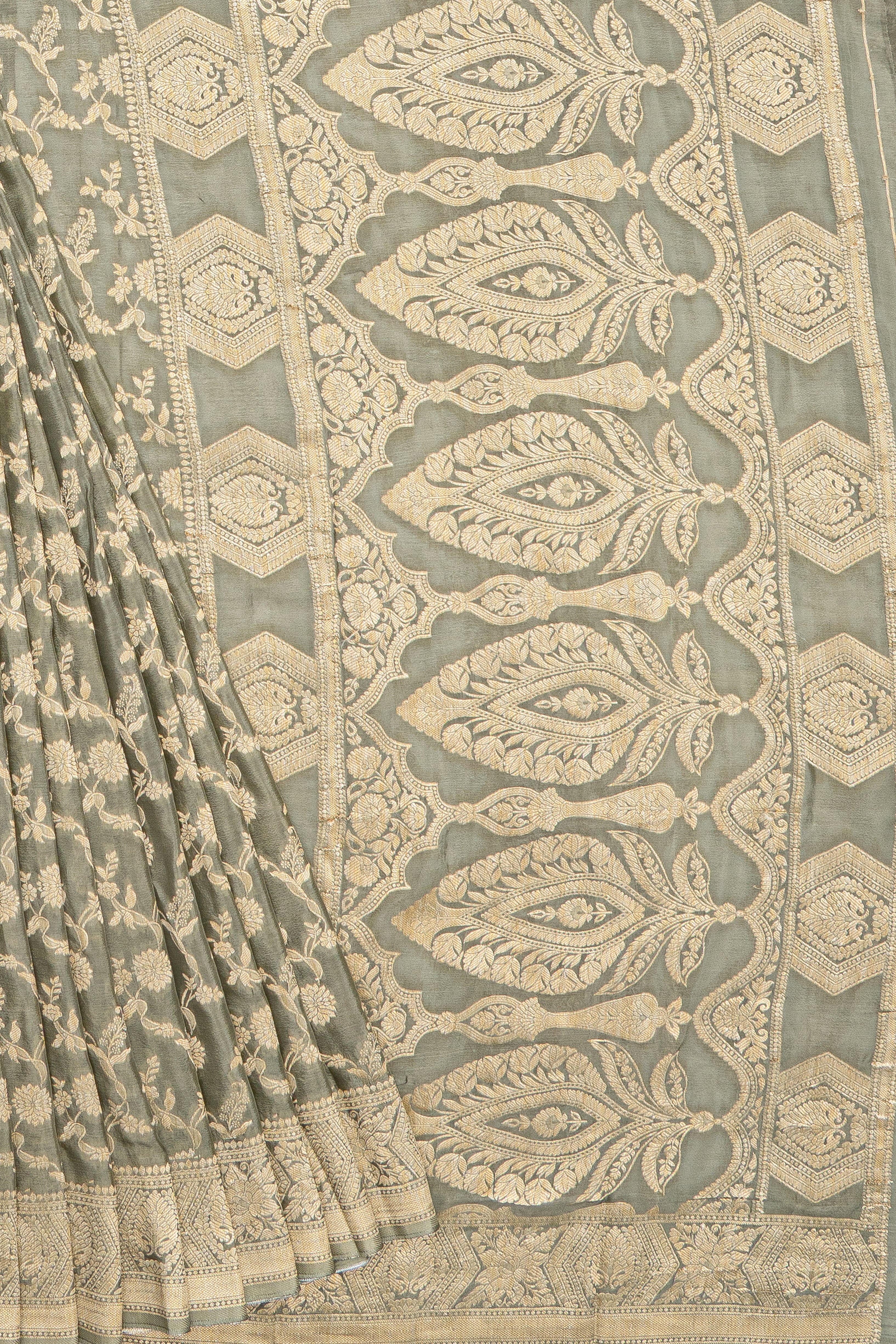 Silver Soft Silk Banarasi Saree with Gold Zari Jaal