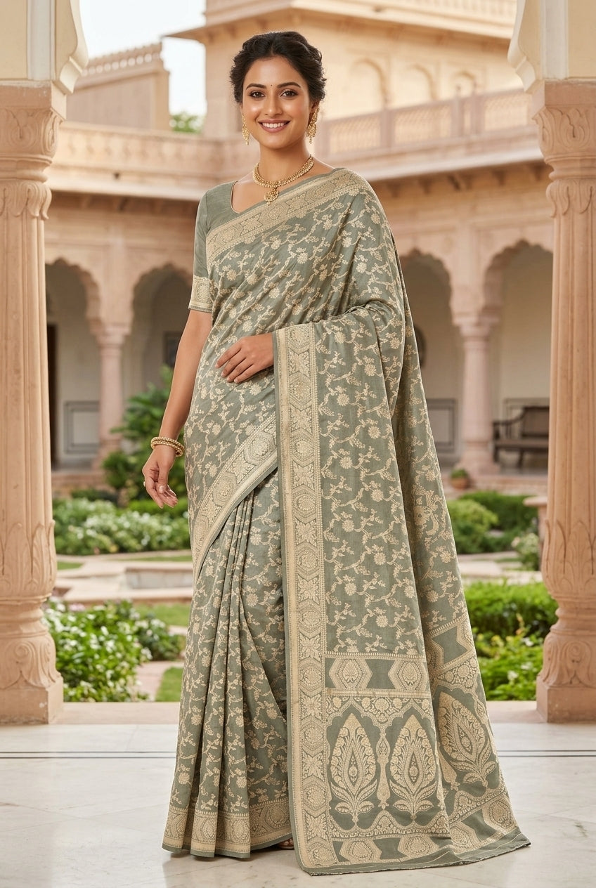 Silver Soft Silk Banarasi Saree with Gold Zari Jaal