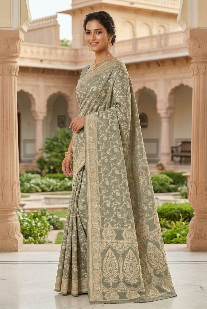 Silver Soft Silk Banarasi Saree with Gold Zari Jaal