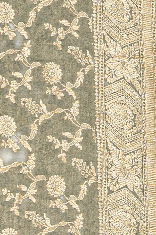 Silver Soft Silk Banarasi Saree with Gold Zari Jaal