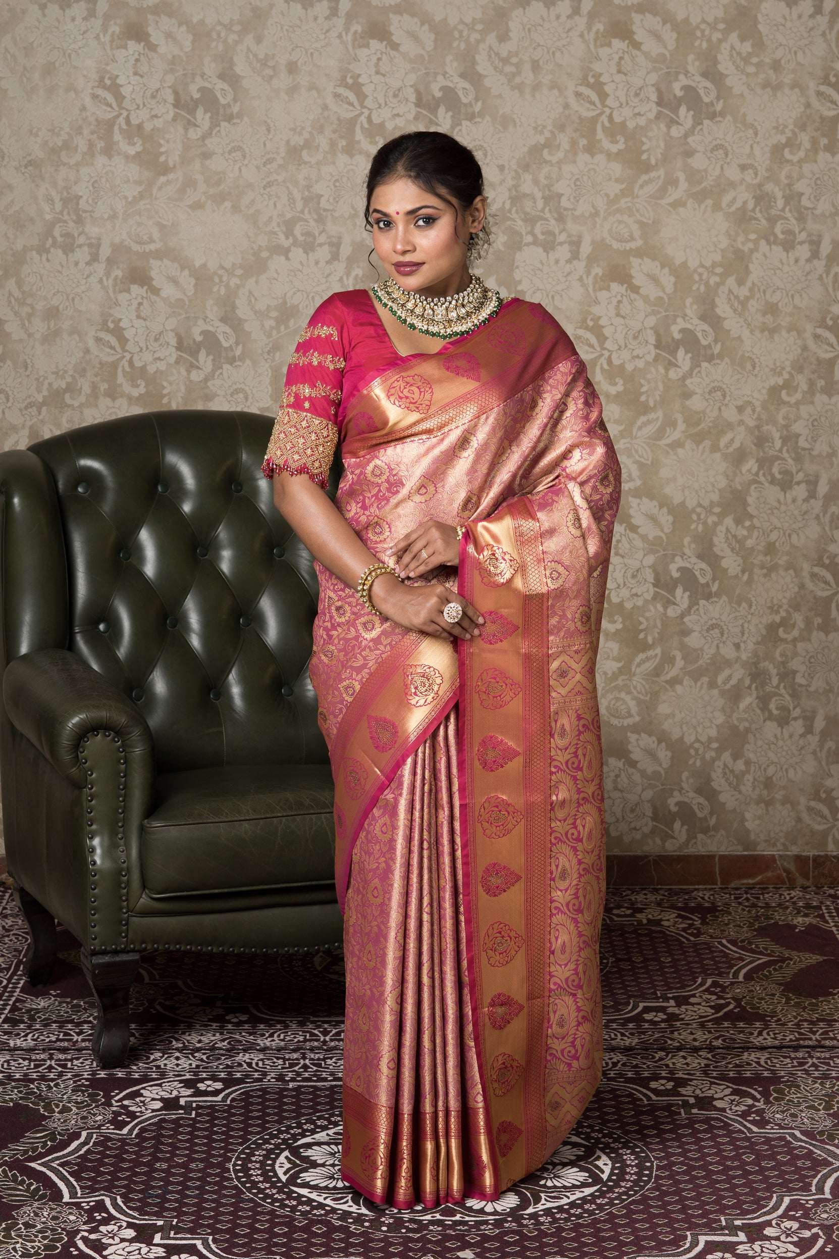 Rose Gold Tissue Silk Kanjivaram Saree with Stone Work
