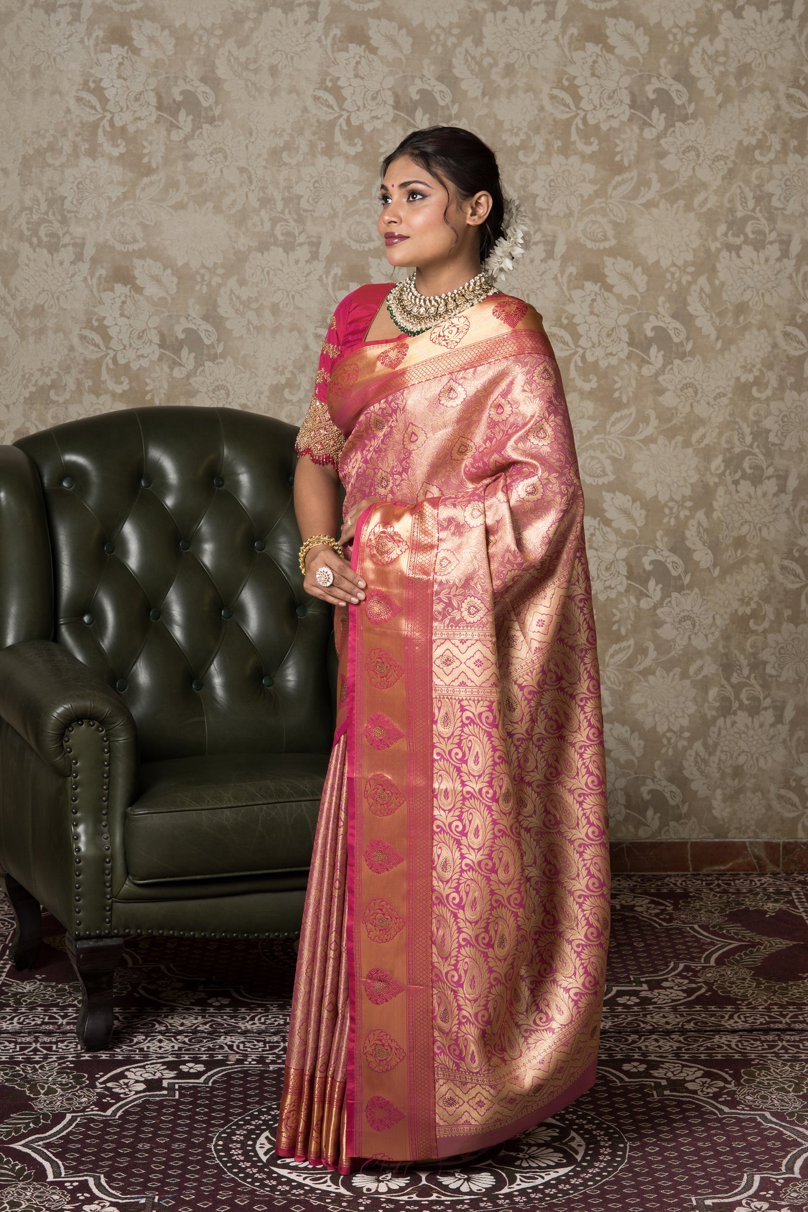 Rose Gold Tissue Silk Kanjivaram Saree with Stone Work