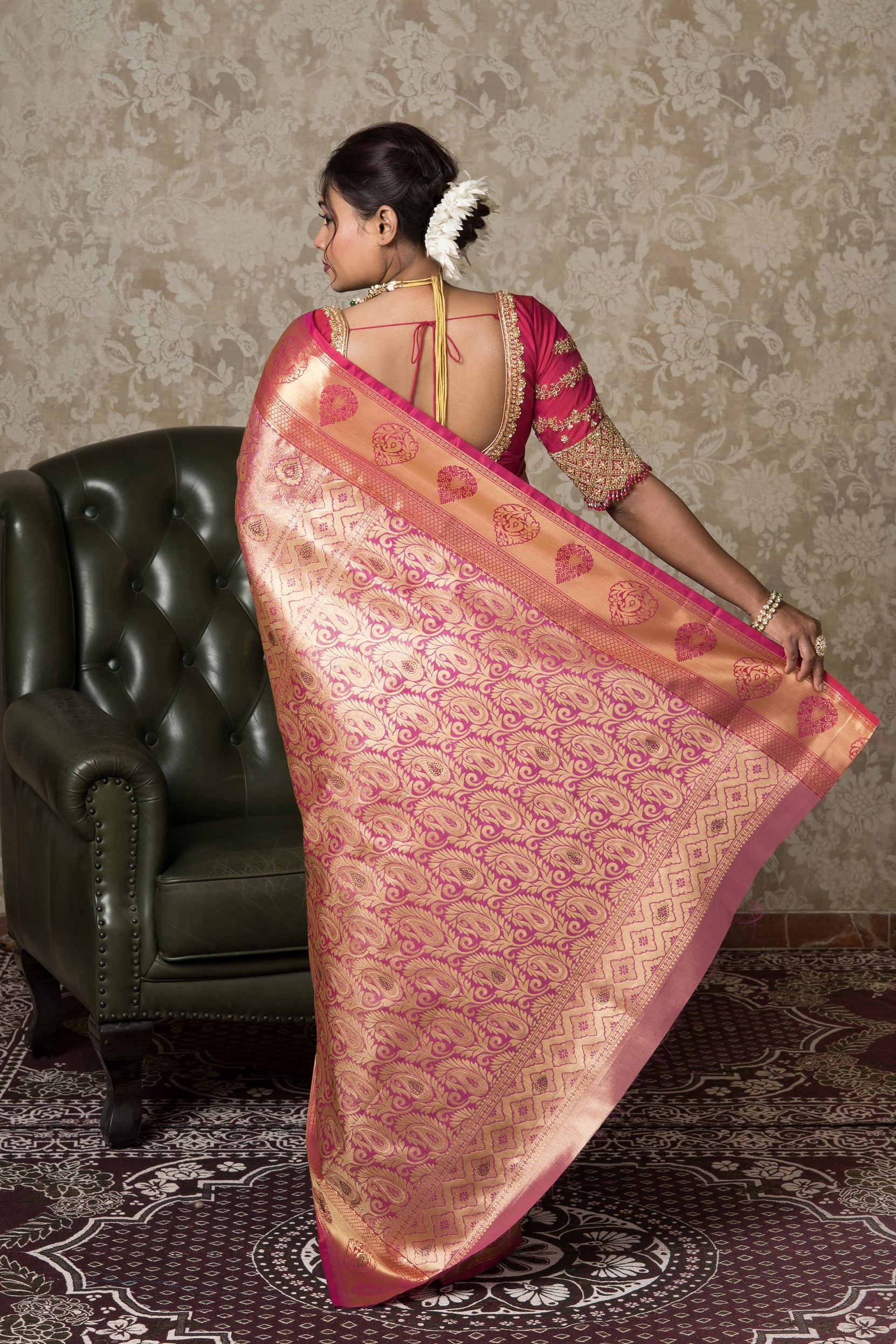 Rose Gold Tissue Silk Kanjivaram Saree with Stone Work