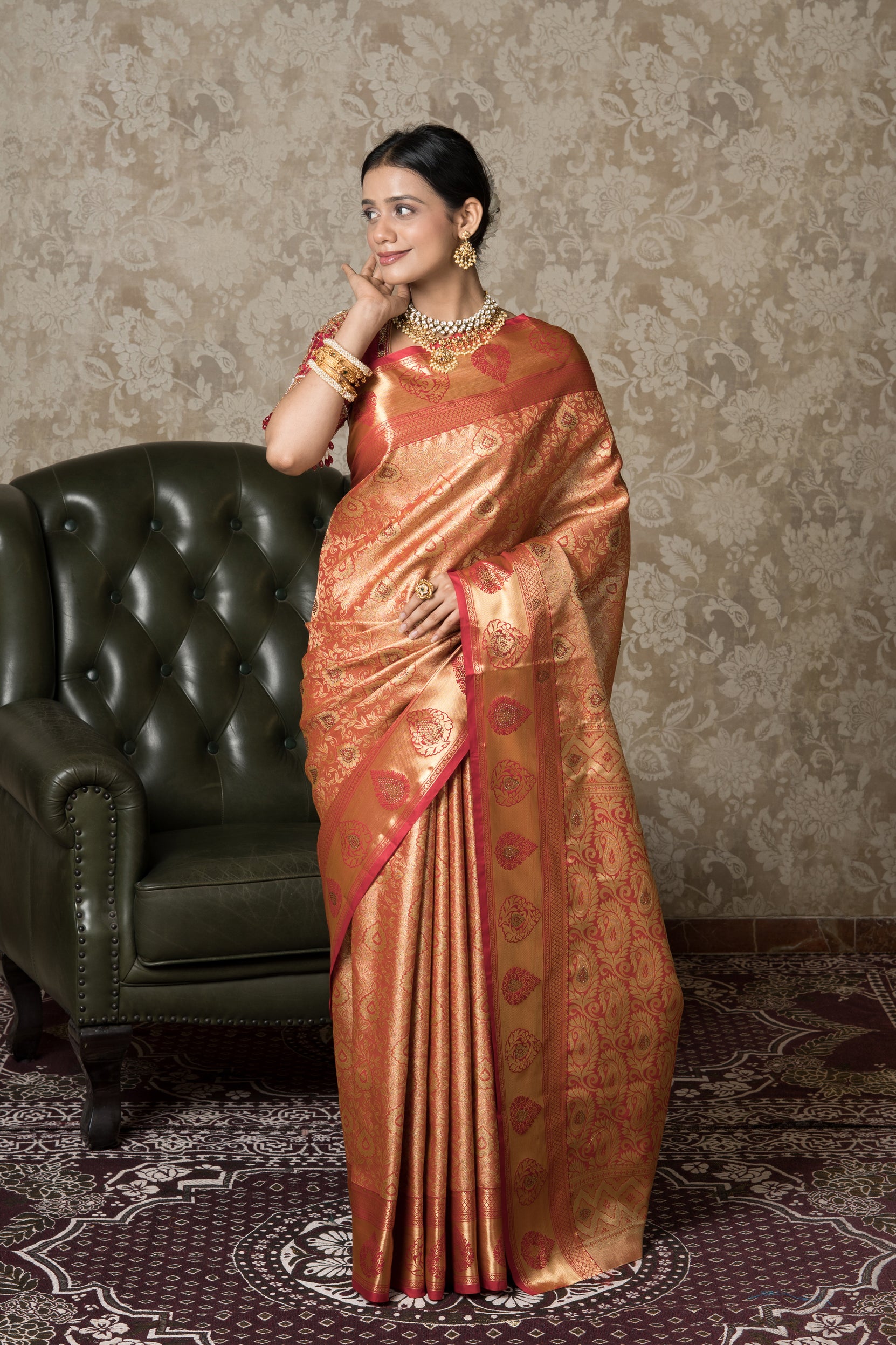 Reddish-Gold Tissue Silk Kanjivaram Saree with Stone Work