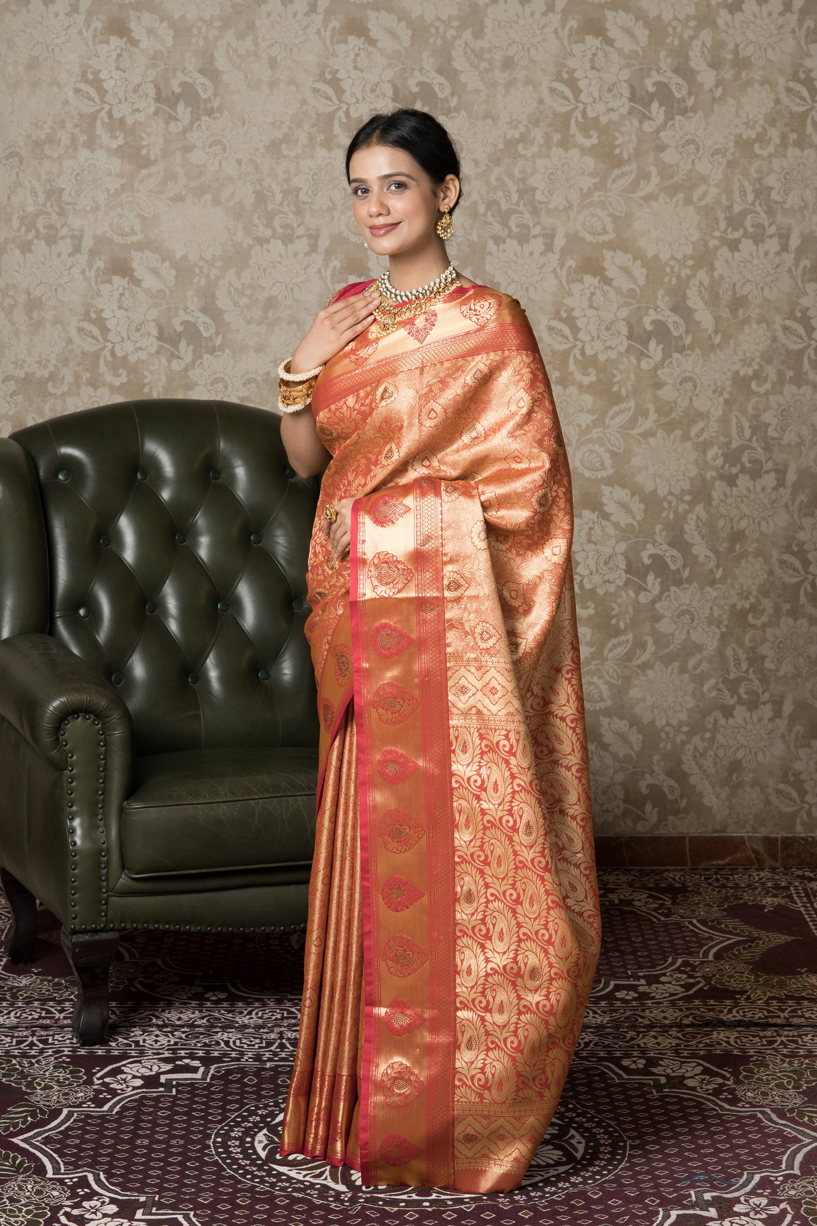 Reddish-Gold Tissue Silk Kanjivaram Saree with Stone Work