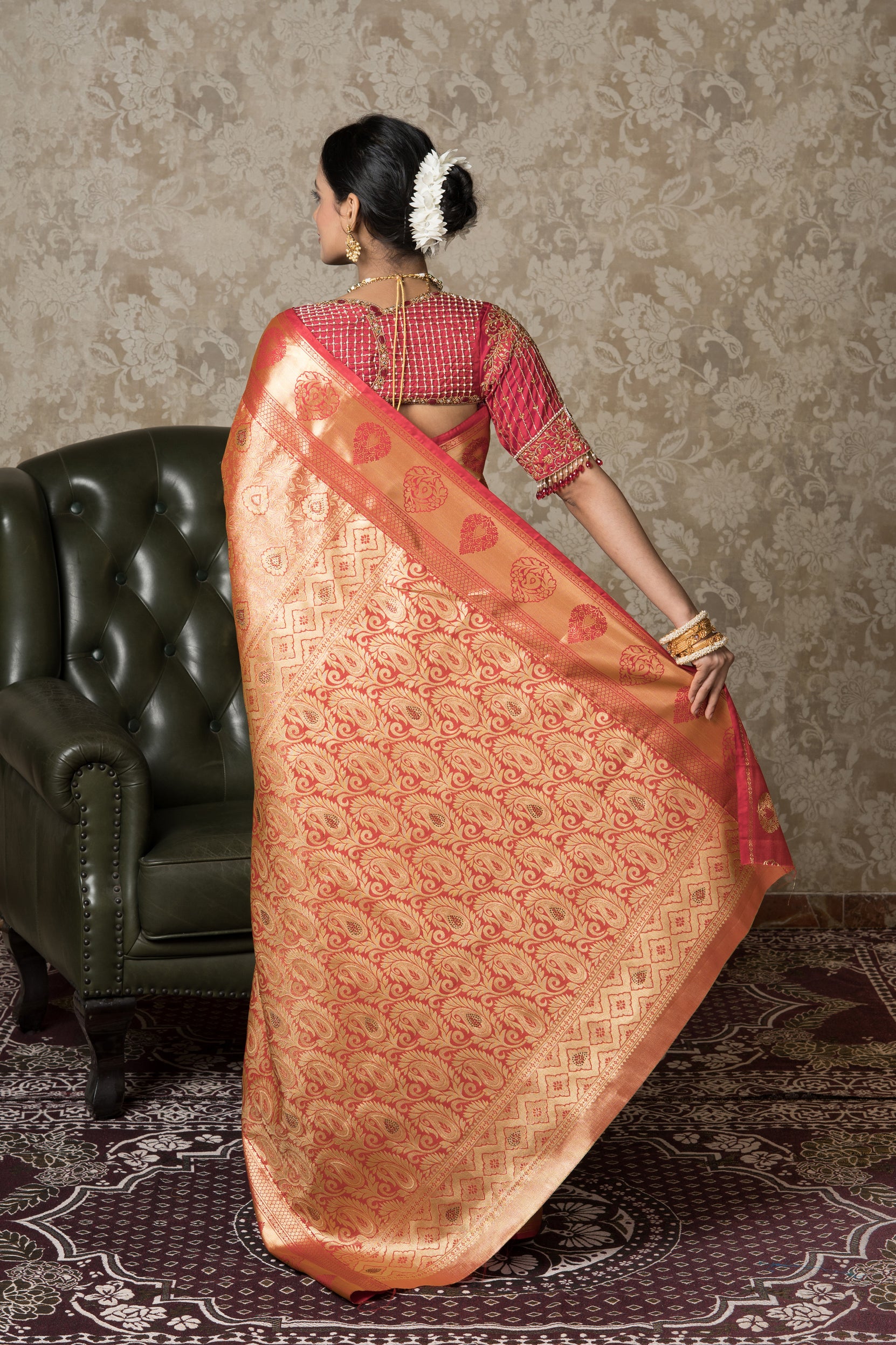 Reddish-Gold Tissue Silk Kanjivaram Saree with Stone Work
