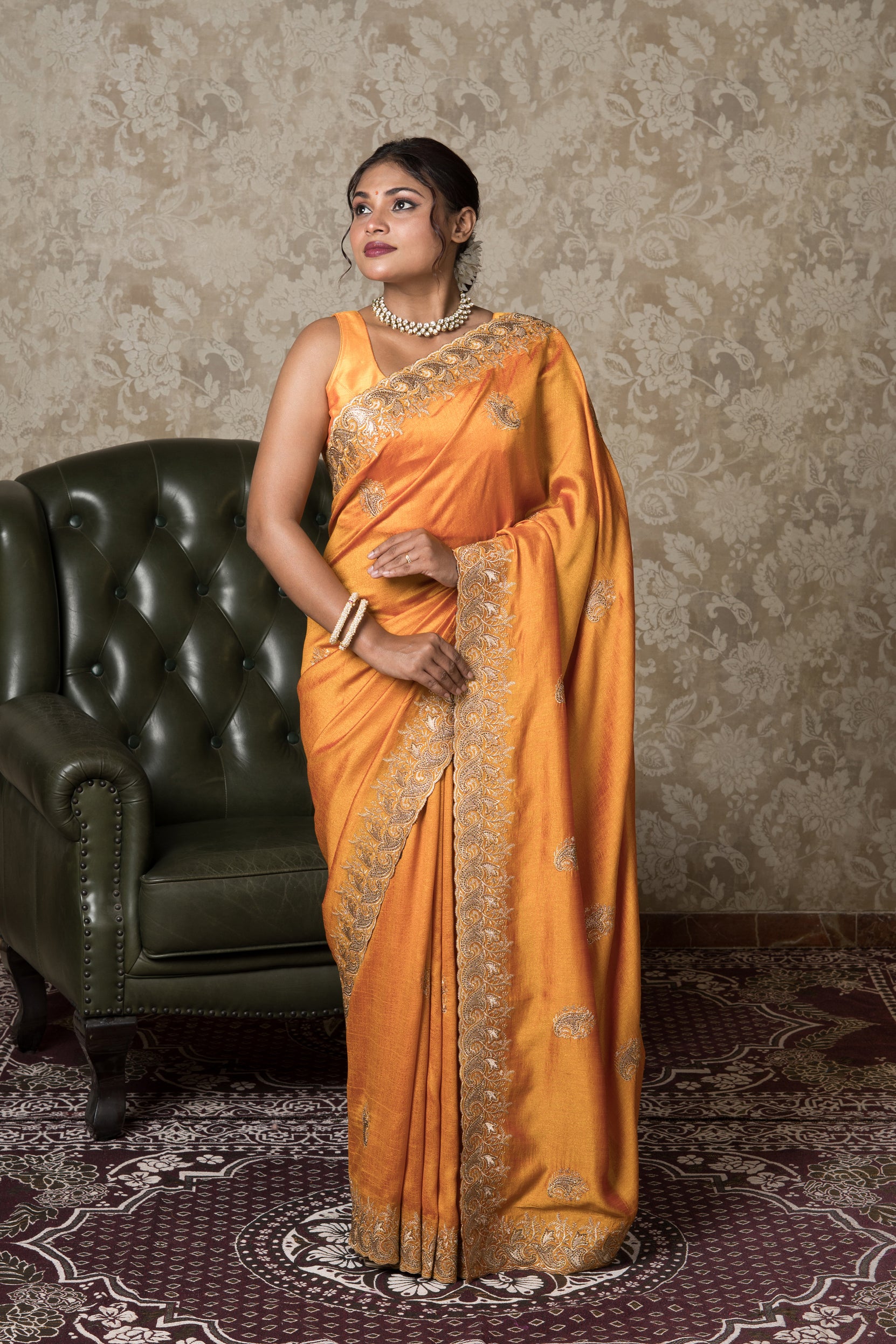 Mustard Yellow Jute Silk Saree with Stonework