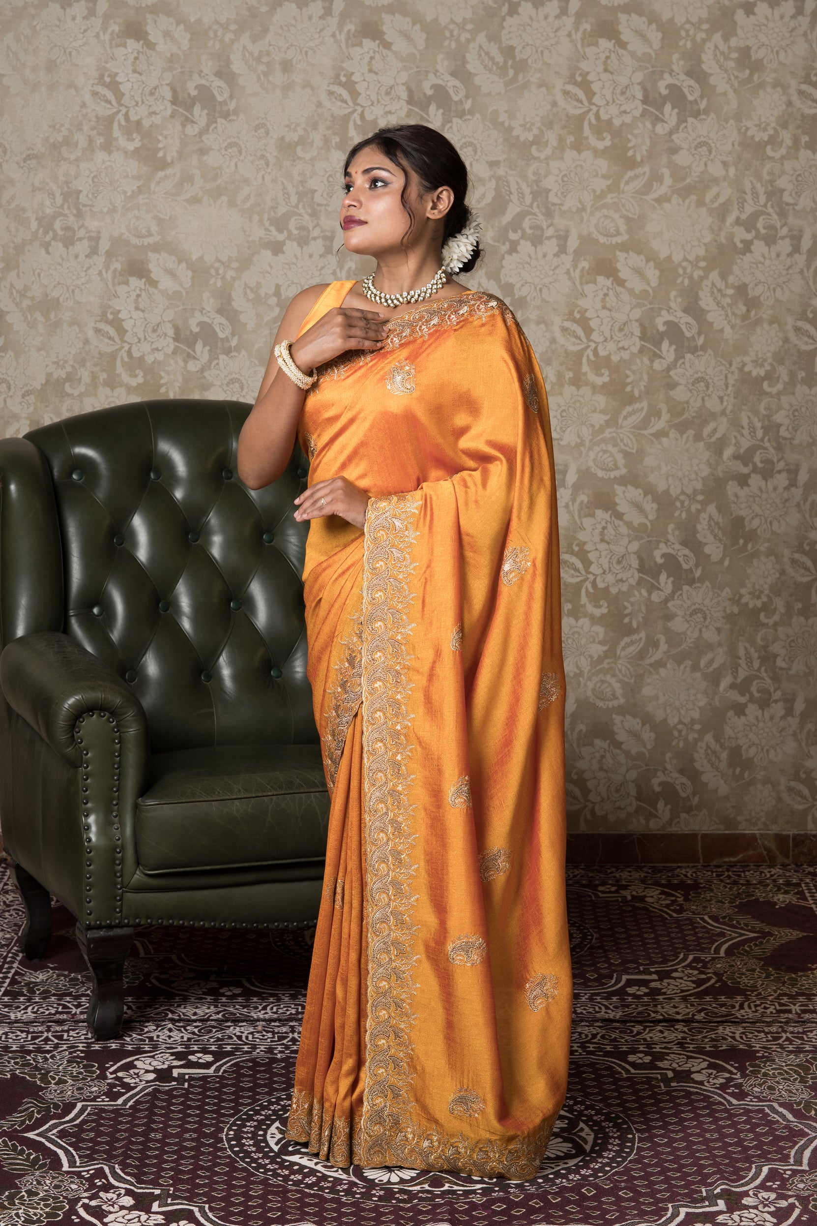 Mustard Yellow Jute Silk Saree with Stonework