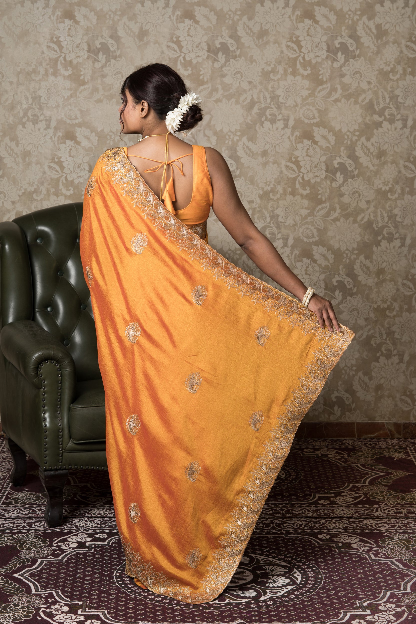 Mustard Yellow Jute Silk Saree with Stonework
