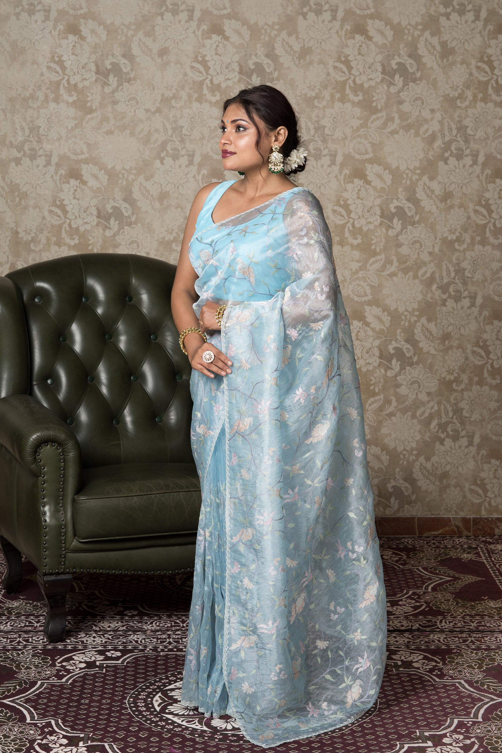 Sea Blue Saree with Thread Work