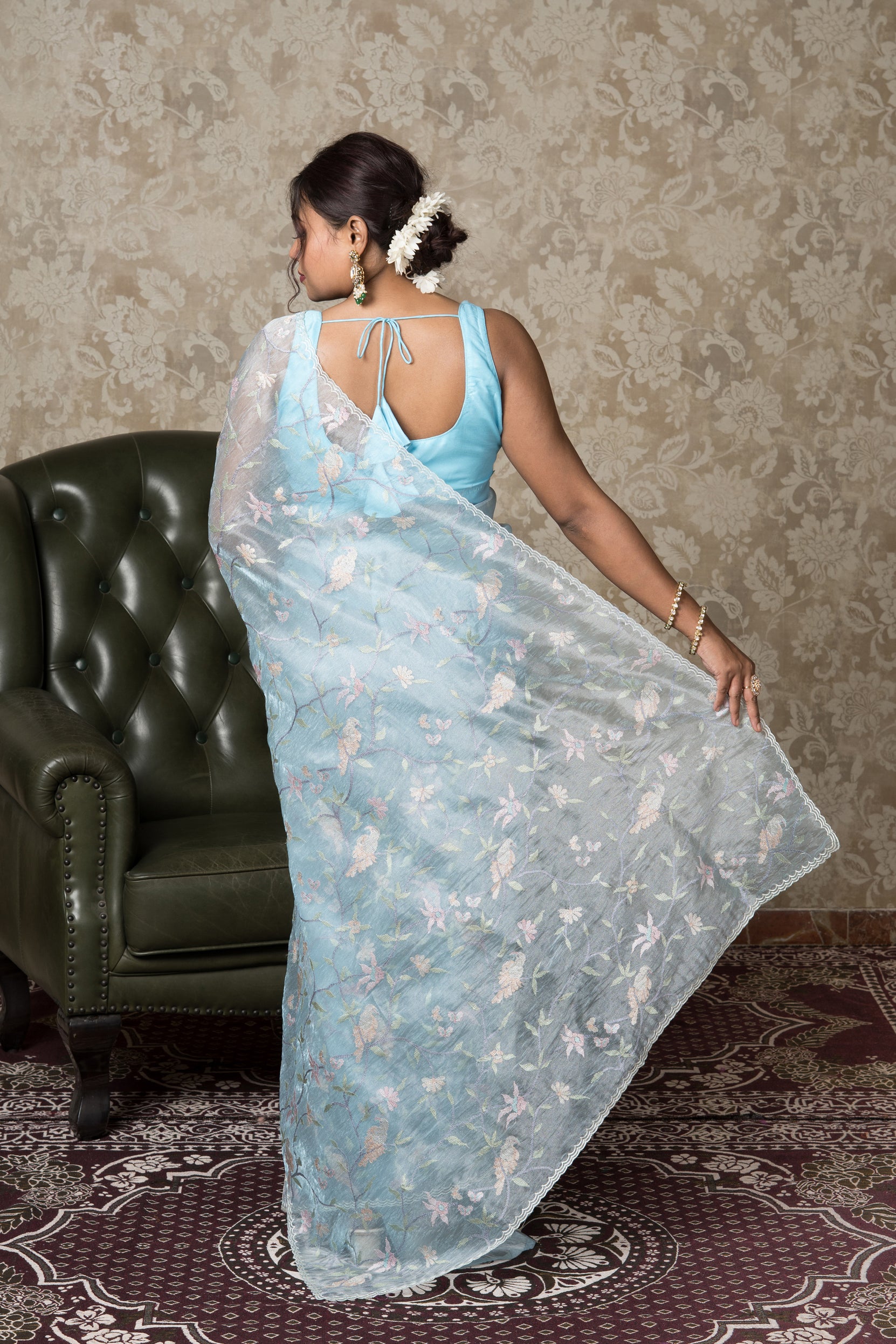 Sea Blue Saree with Thread Work