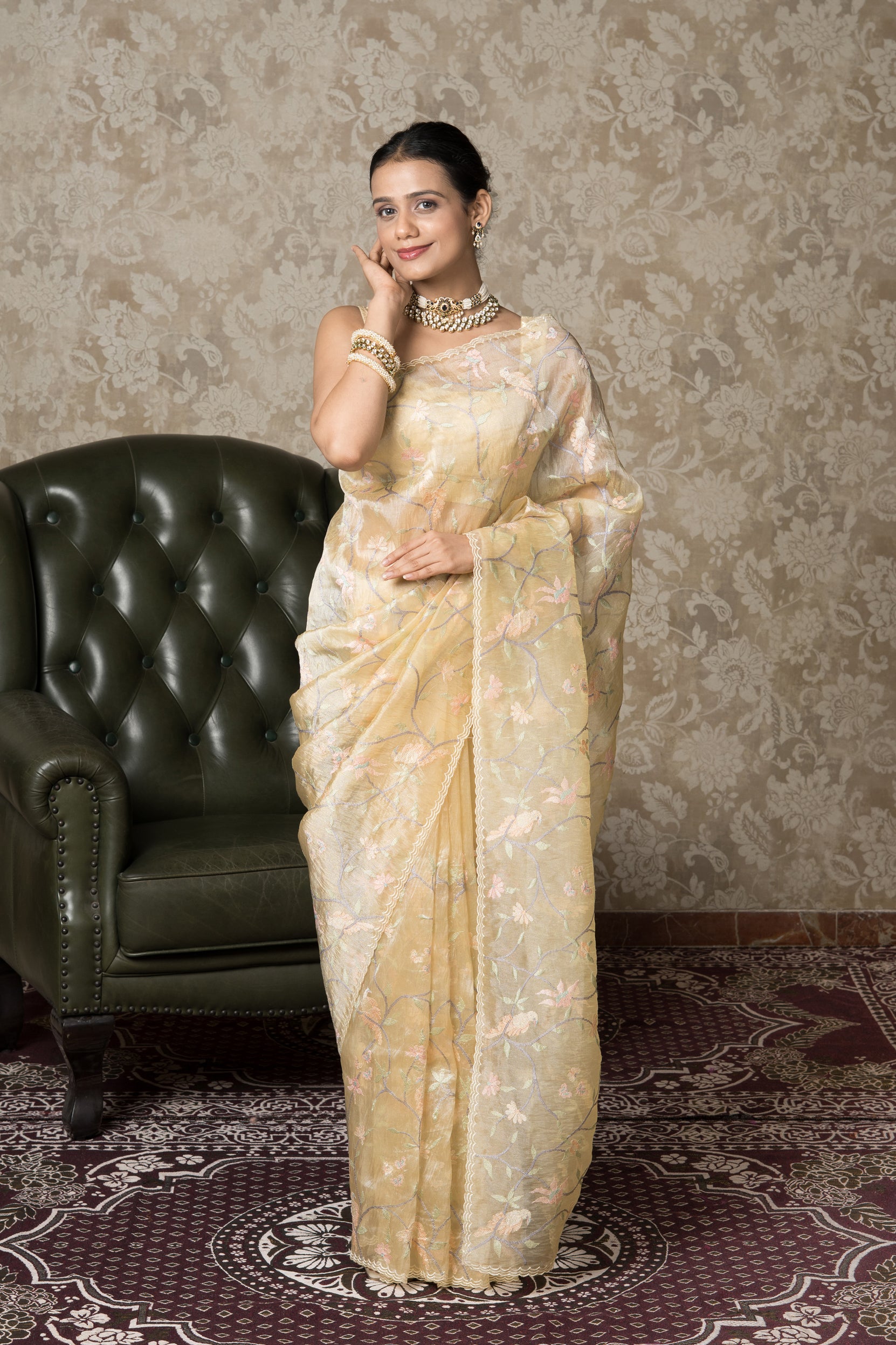 Yellow Organza Saree with Thread Work