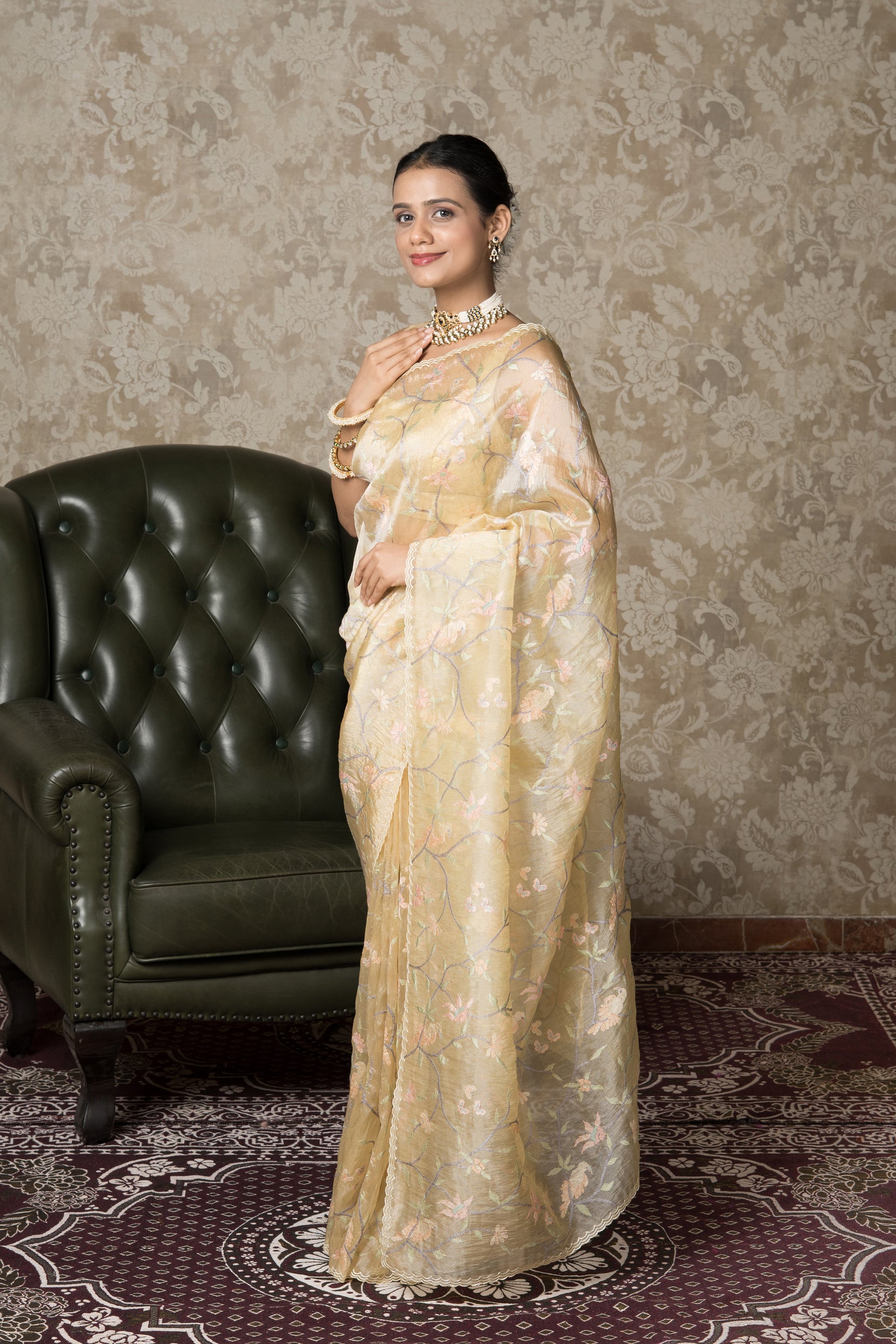 Yellow Organza Saree with Thread Work