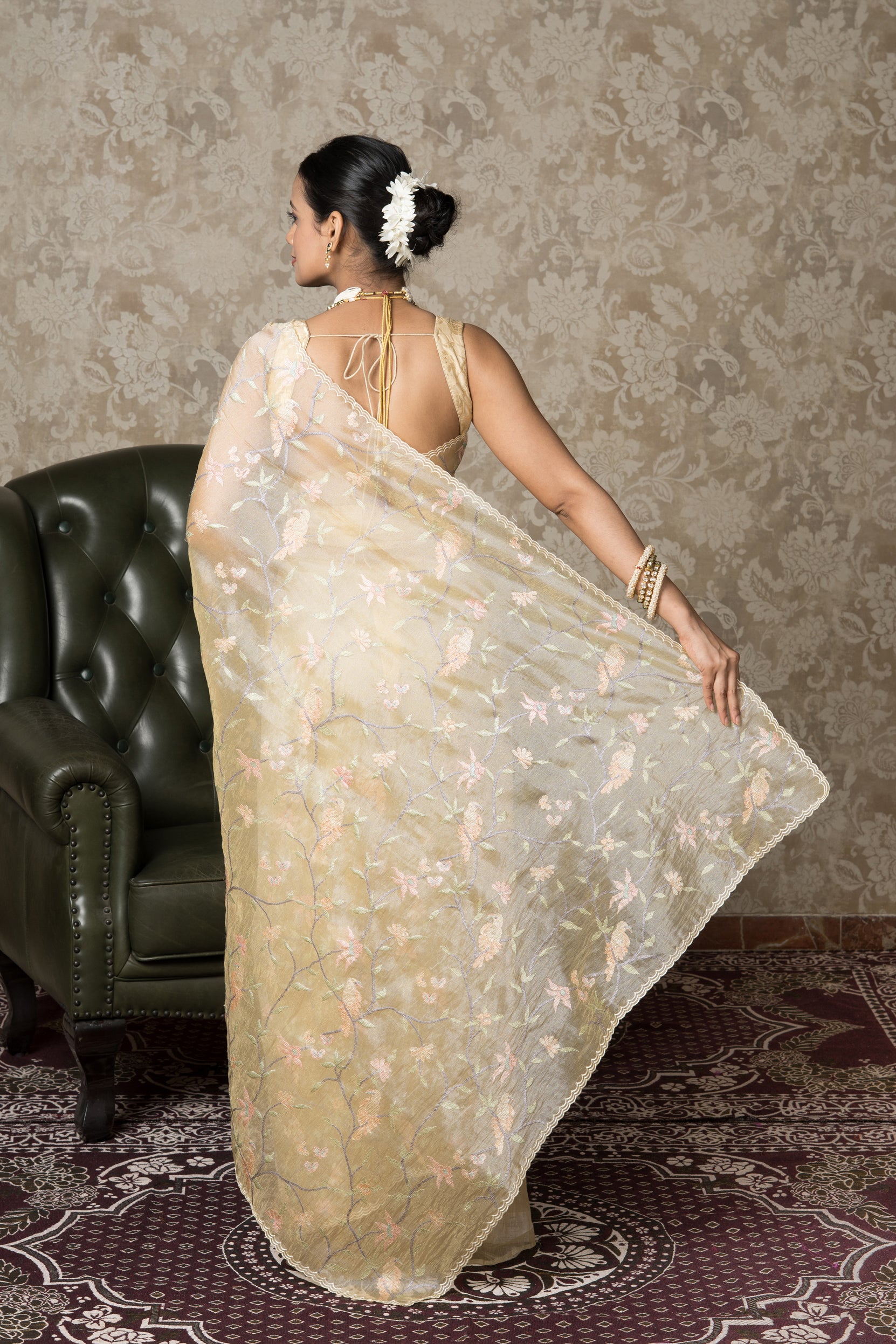 Yellow Organza Saree with Thread Work