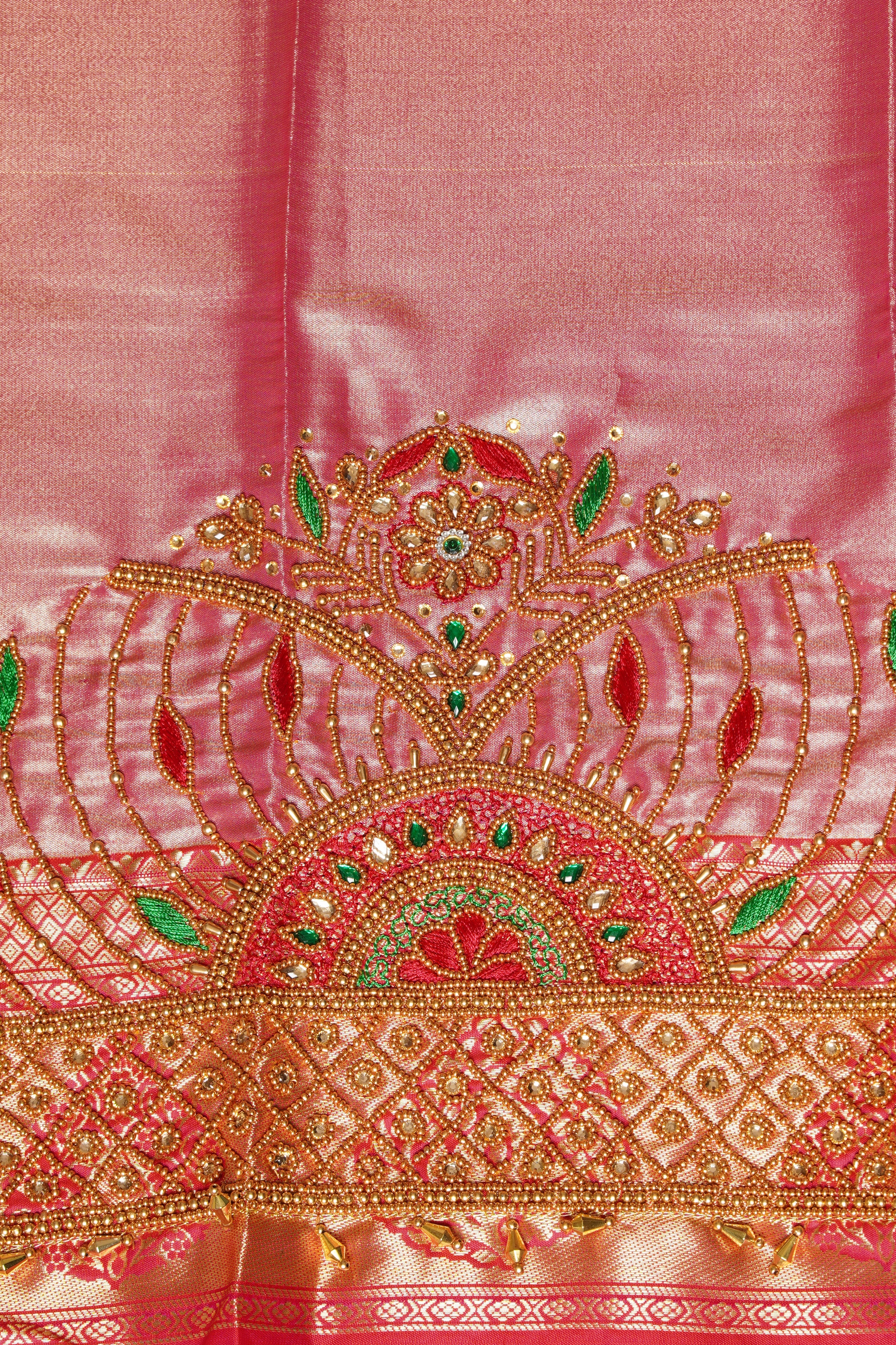 Rose Gold Tissue Silk Kanjivaram Saree with Stone Work