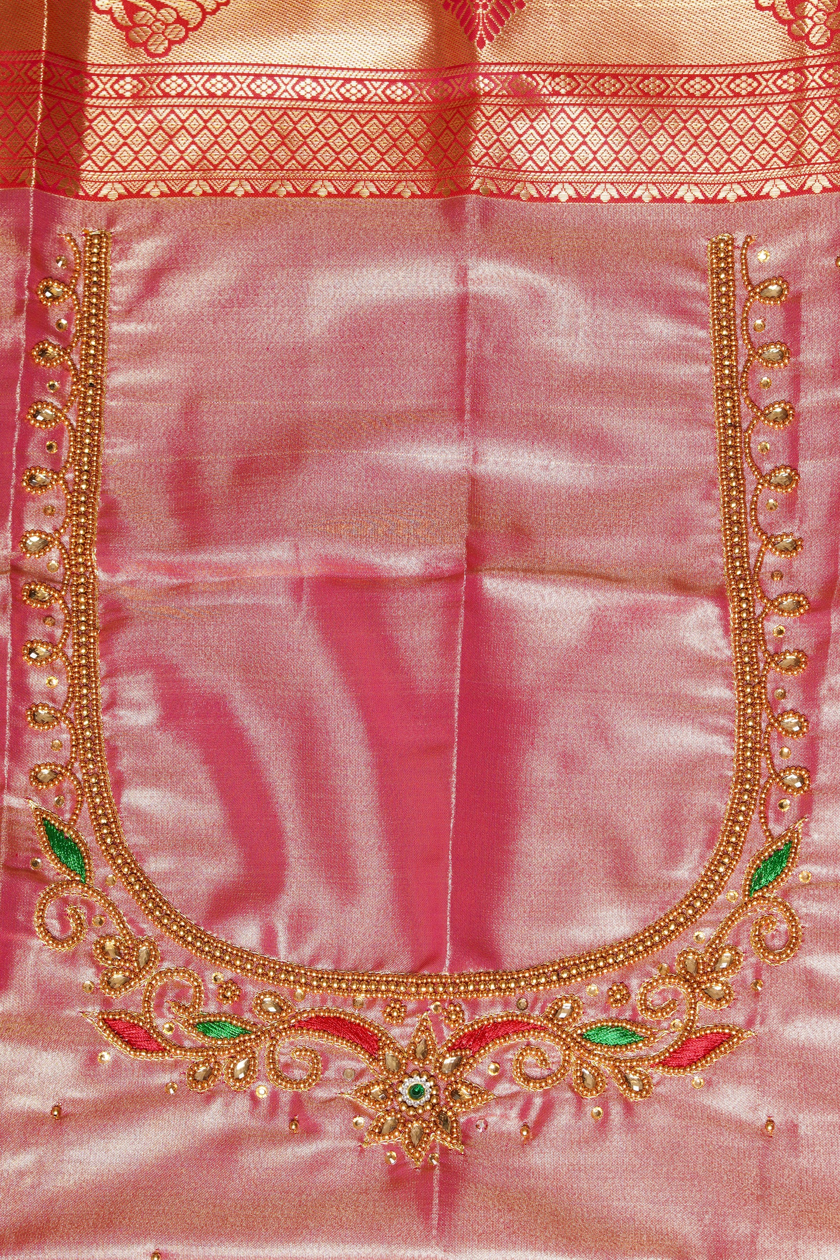 Rose Gold Tissue Silk Kanjivaram Saree with Stone Work