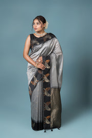 Grey Tussar Silk Saree