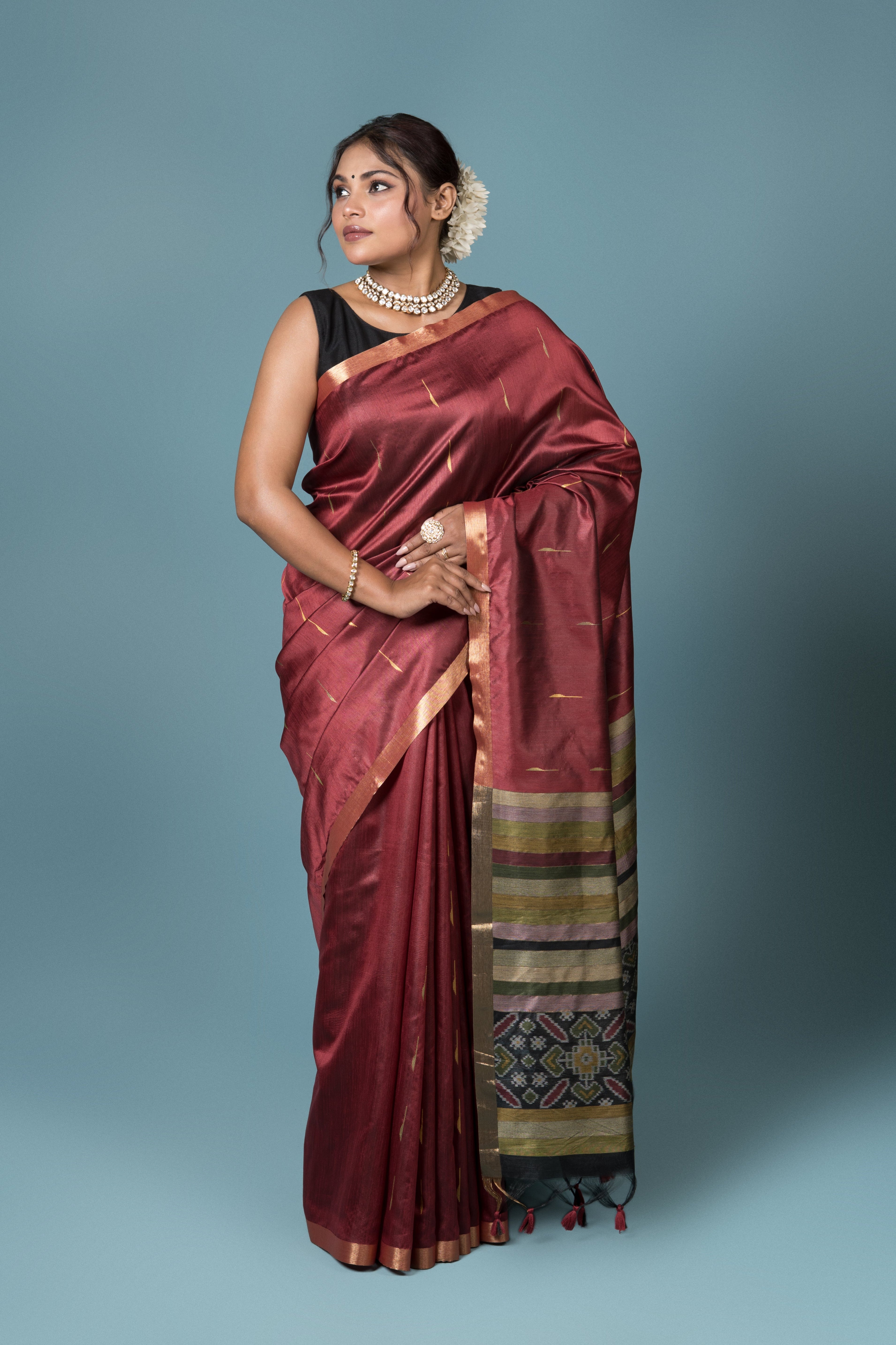 Maroon Tussar Silk Saree with Patola Print