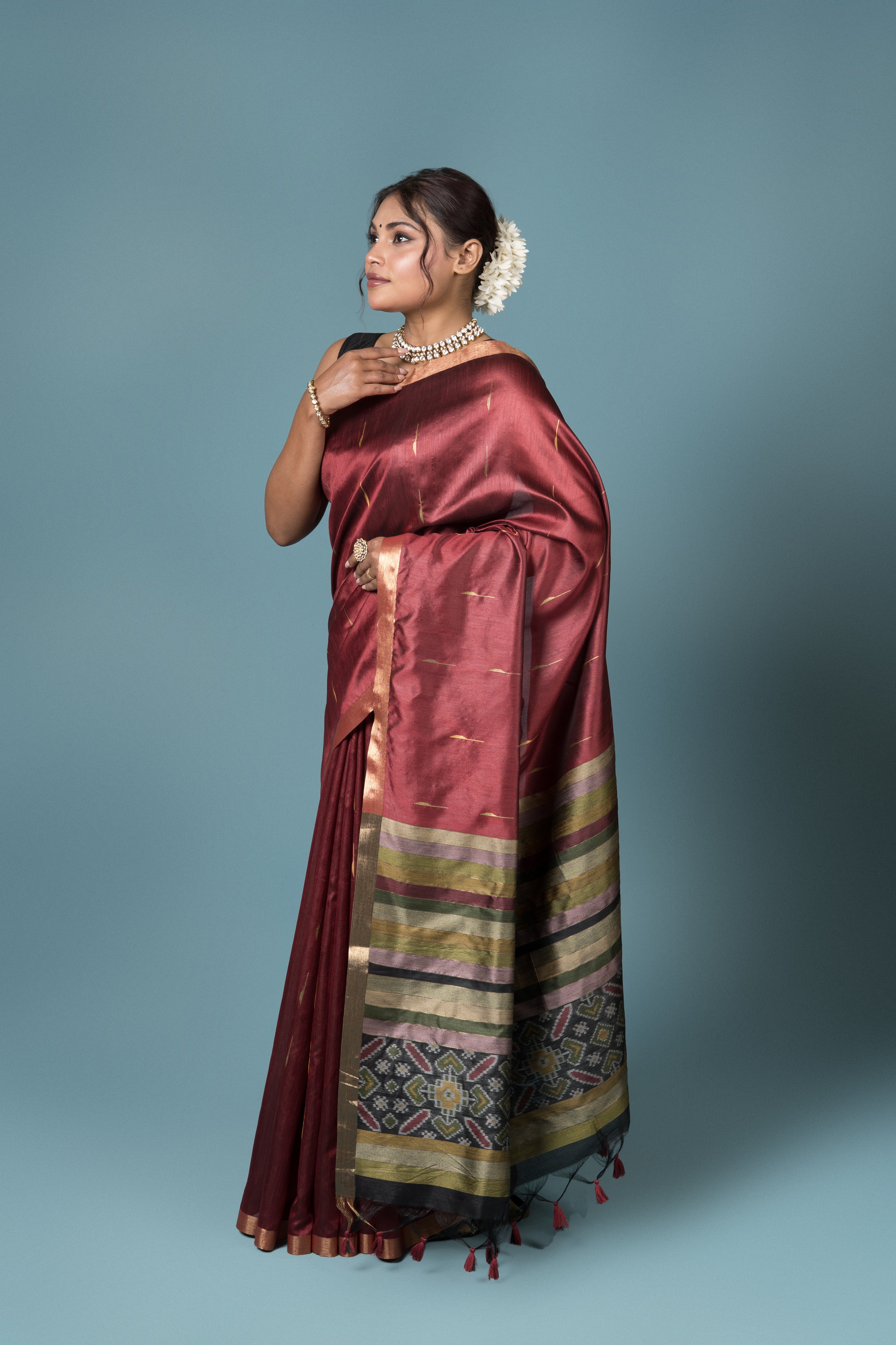 Maroon Tussar Silk Saree with Patola Print