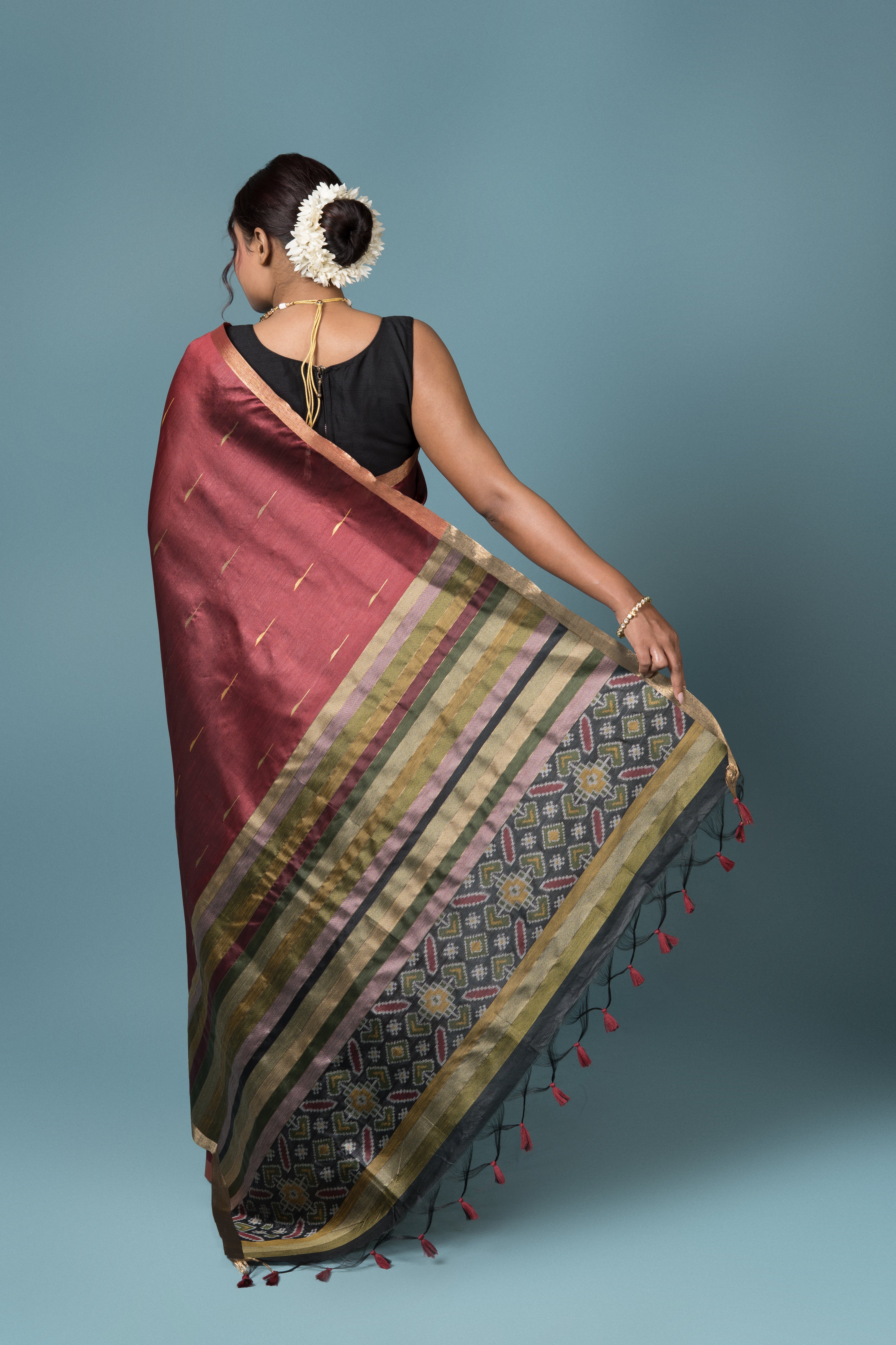 Maroon Tussar Silk Saree with Patola Print