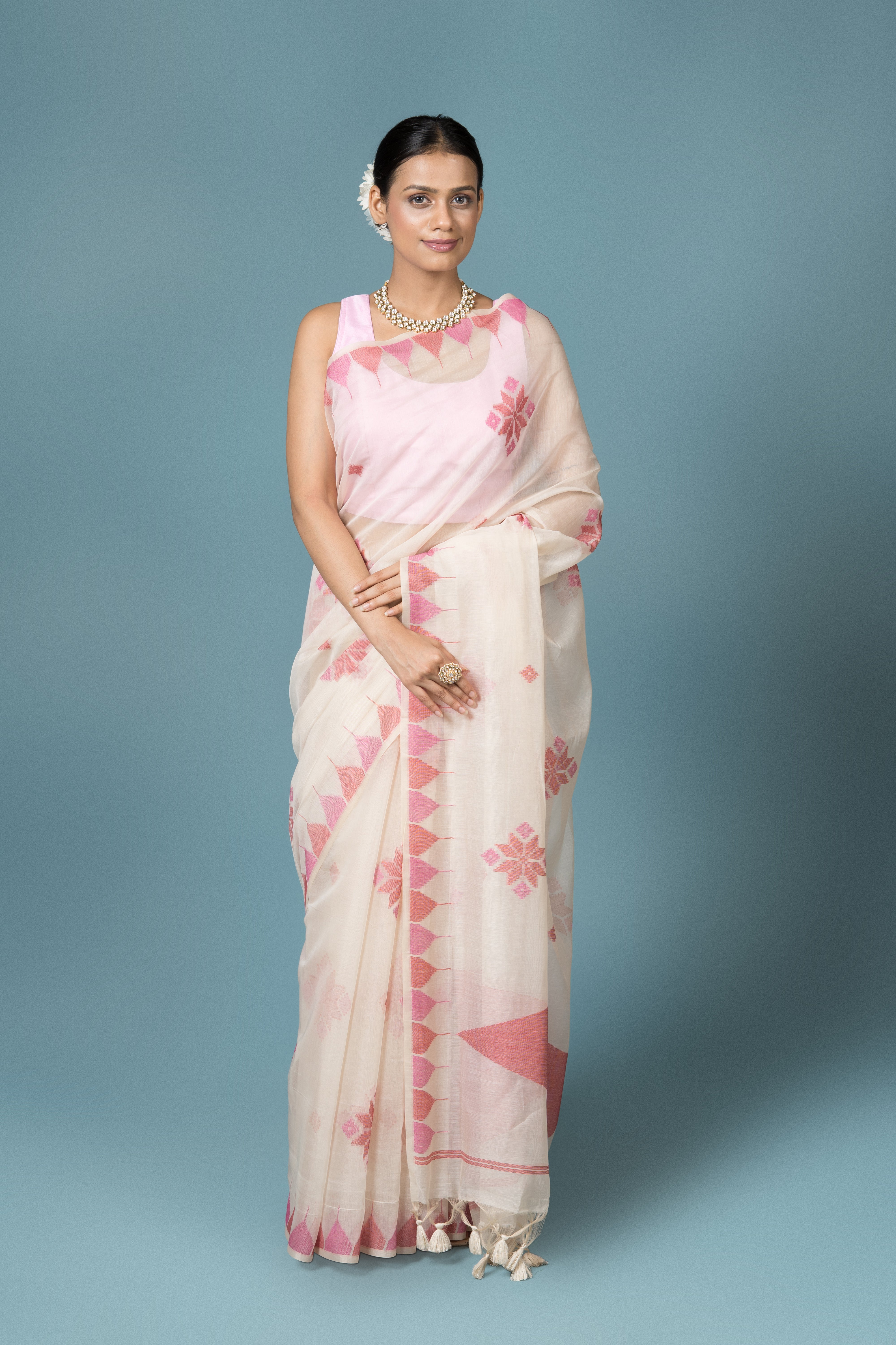 Cream and Pink Cotton Saree