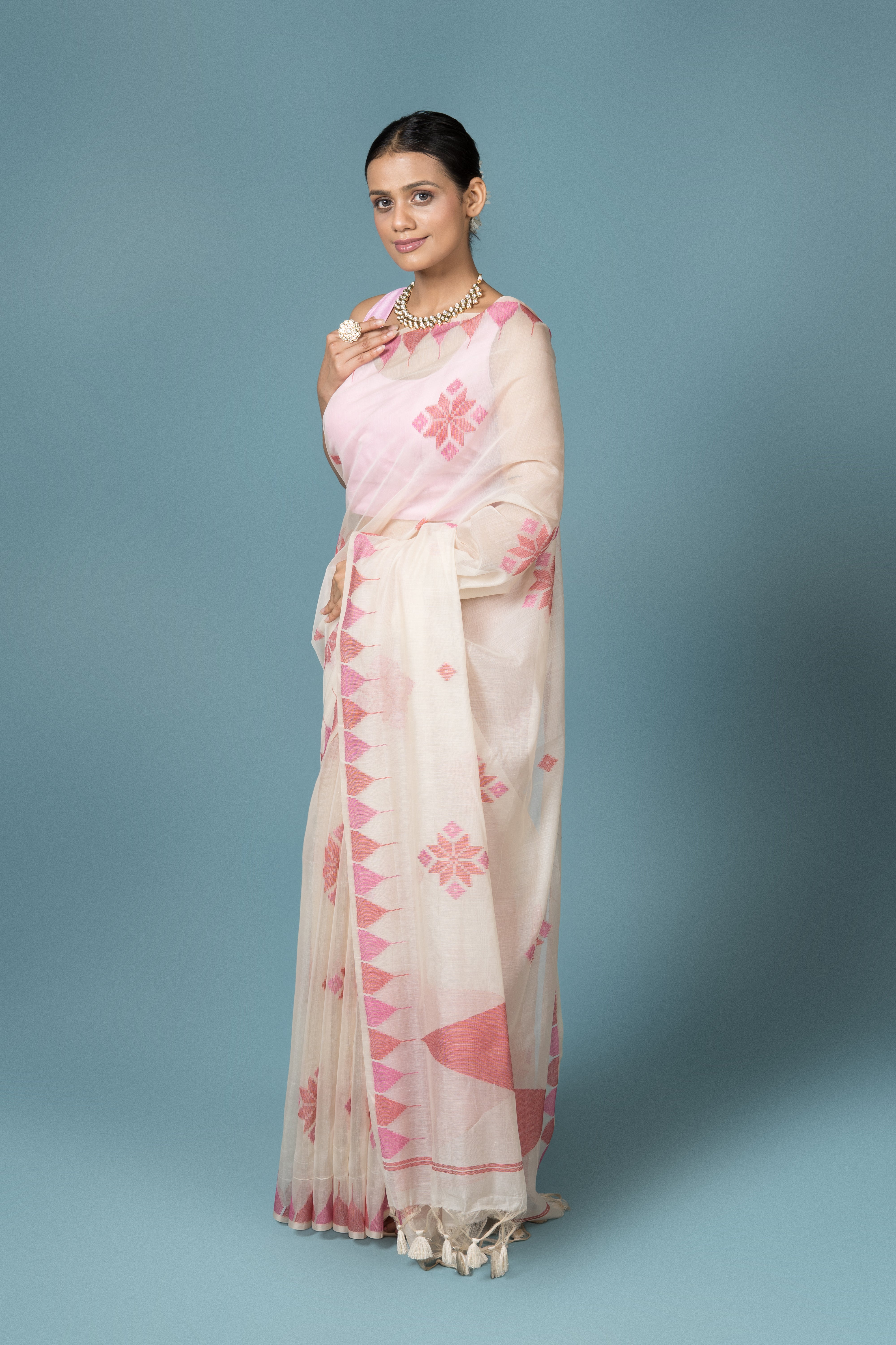 Cream and Pink Cotton Saree