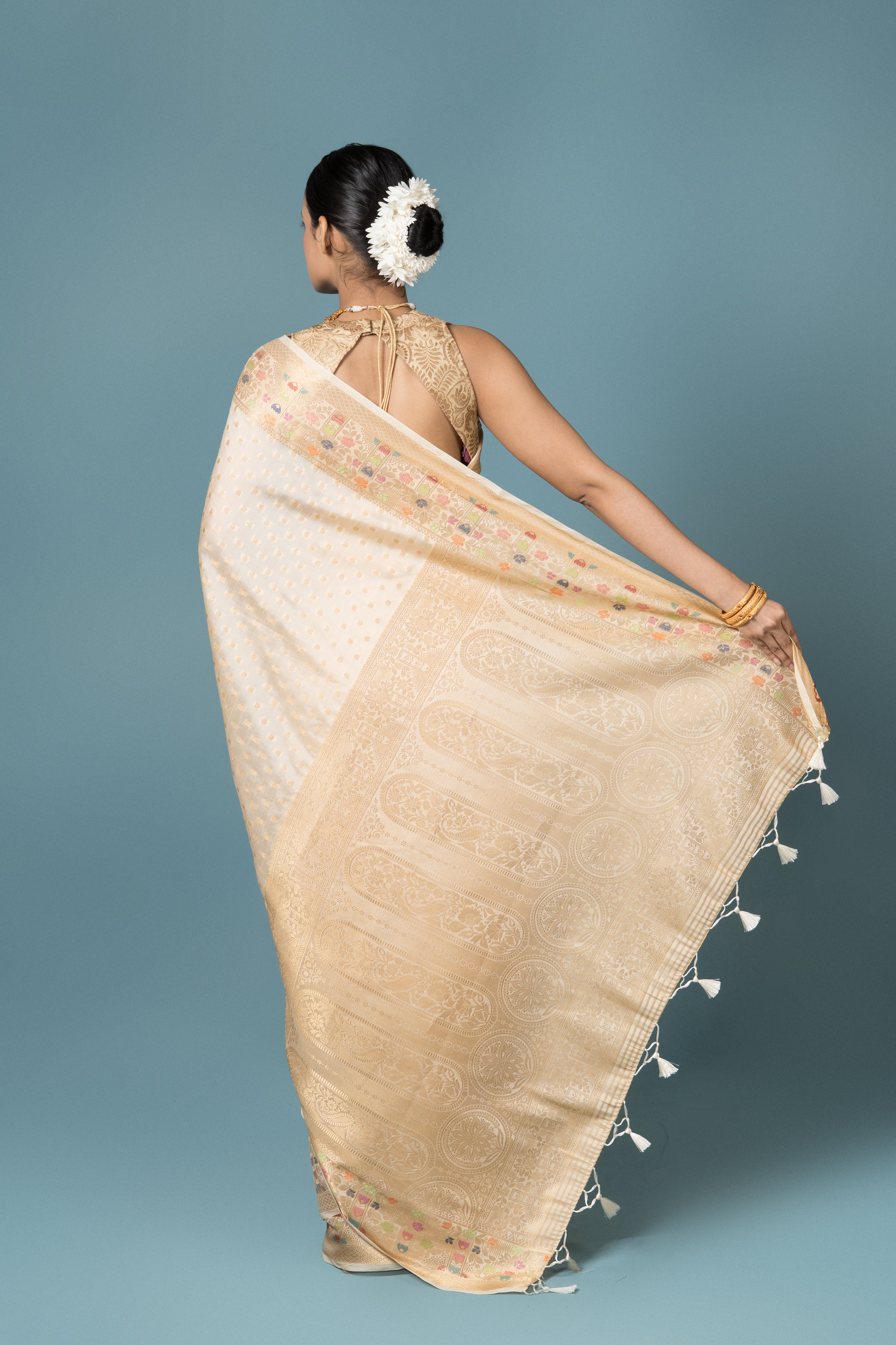 Cream Tussar Silk Saree
