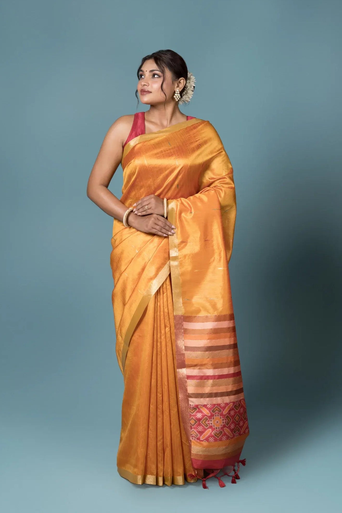 Orange Tussar Silk Saree with Patola Print