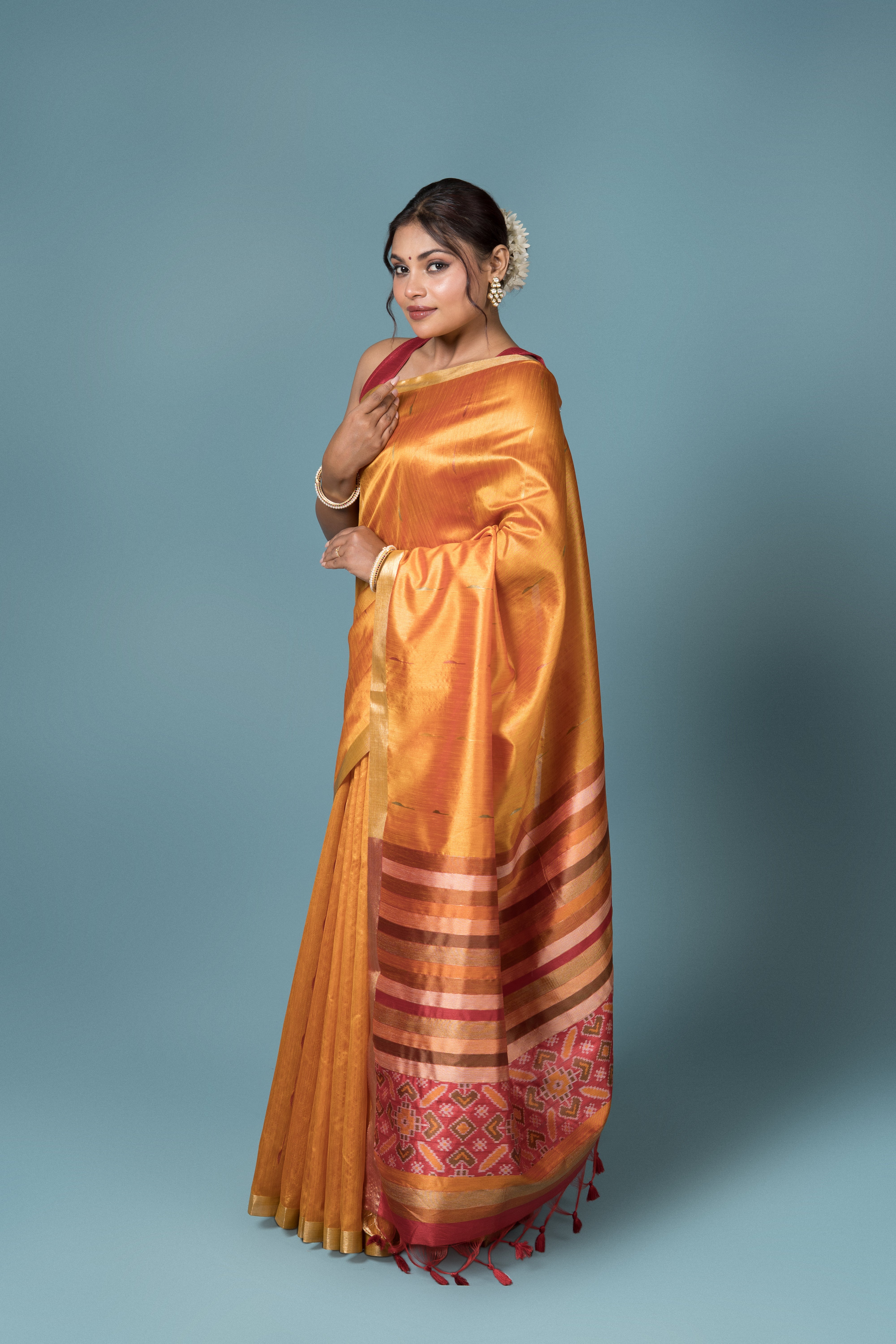 Orange Tussar Silk Saree with Patola Print