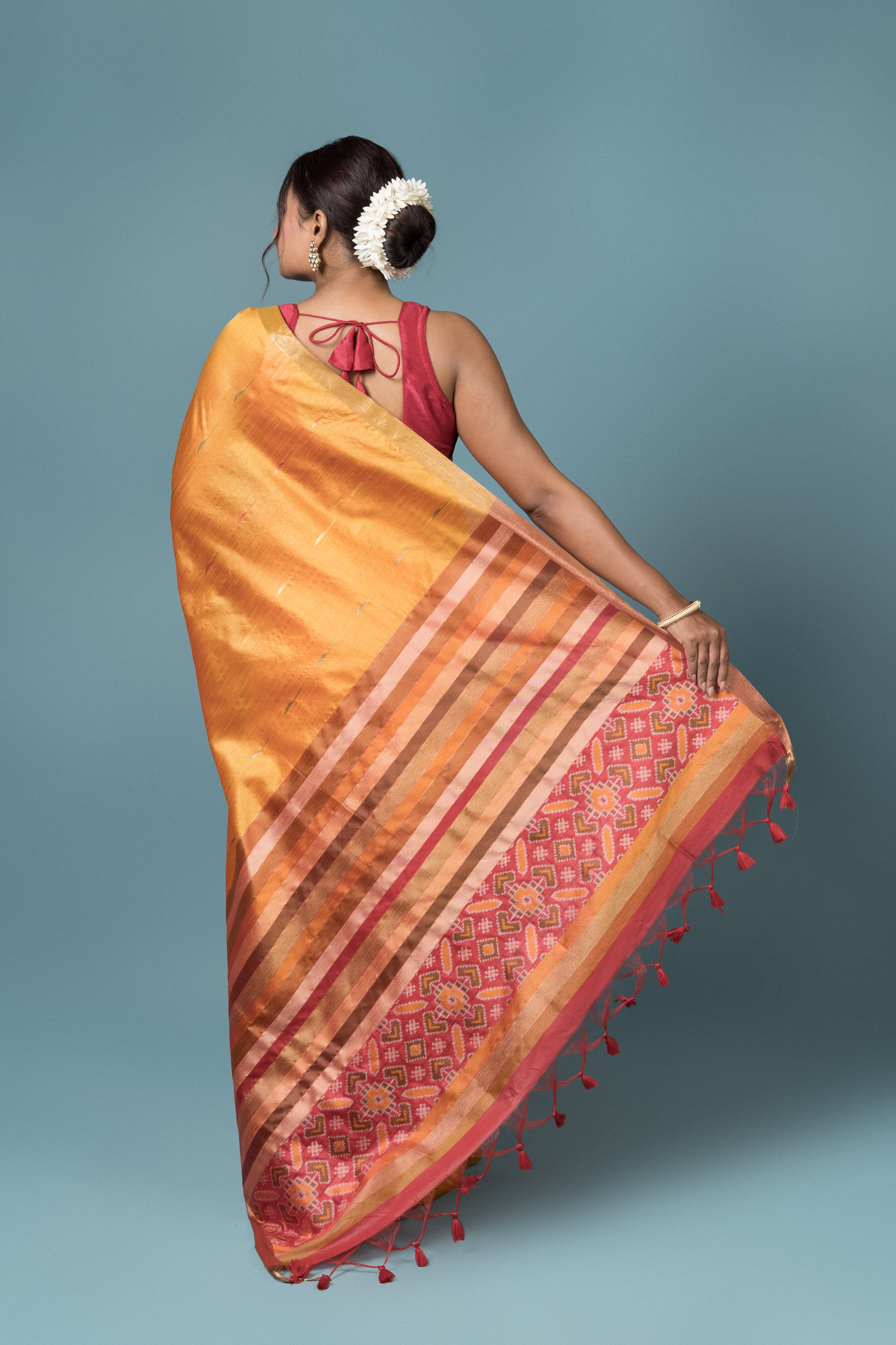 Orange Tussar Silk Saree with Patola Print